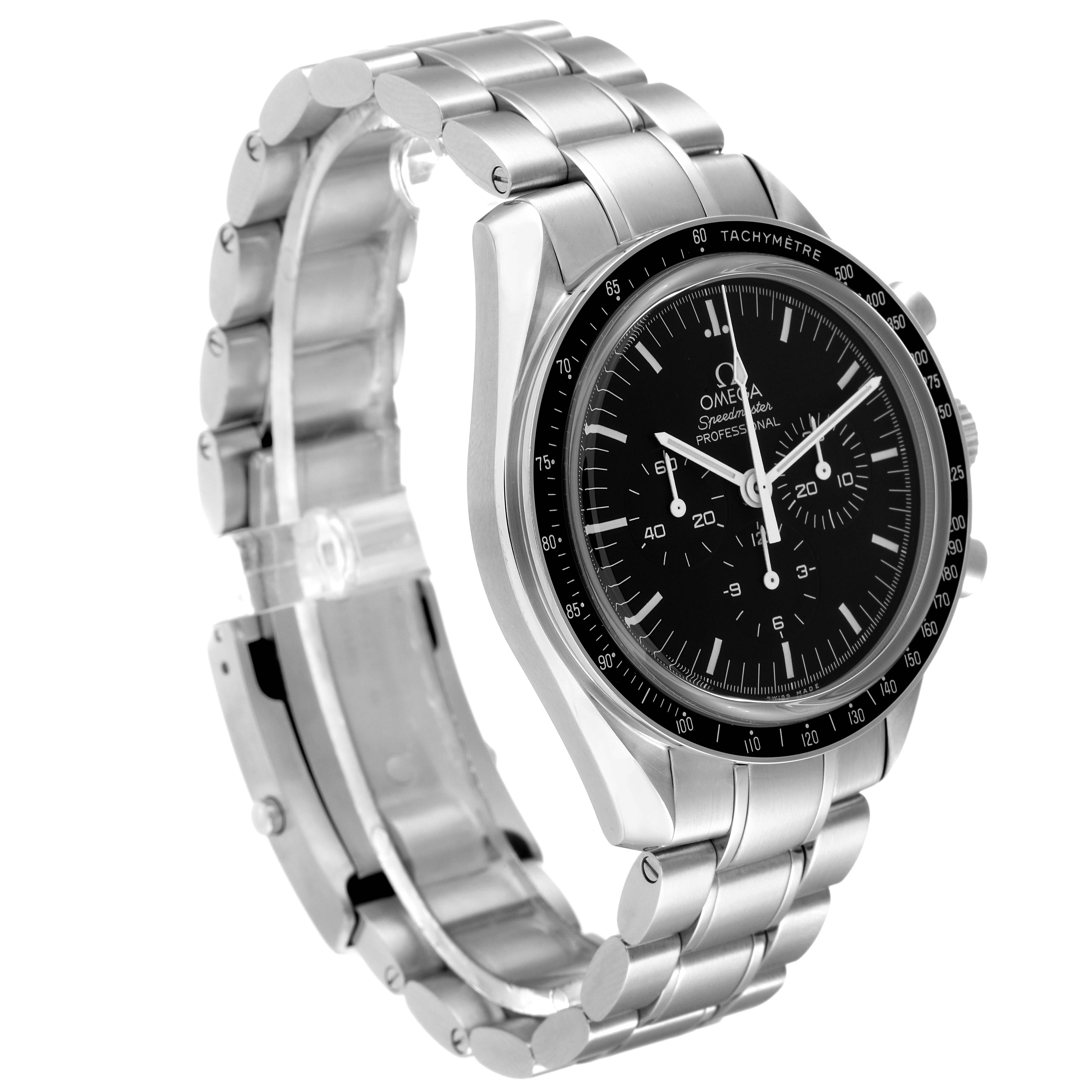 The Omega Speedmaster 311.30.42.30.01.006 Men
s Stainless Steel Black Dial 311.30.42.30.01.006 Men
s Stainless Steel Black Dial watch is shown at an angle displaying the face, bezel, and metal bracelet.