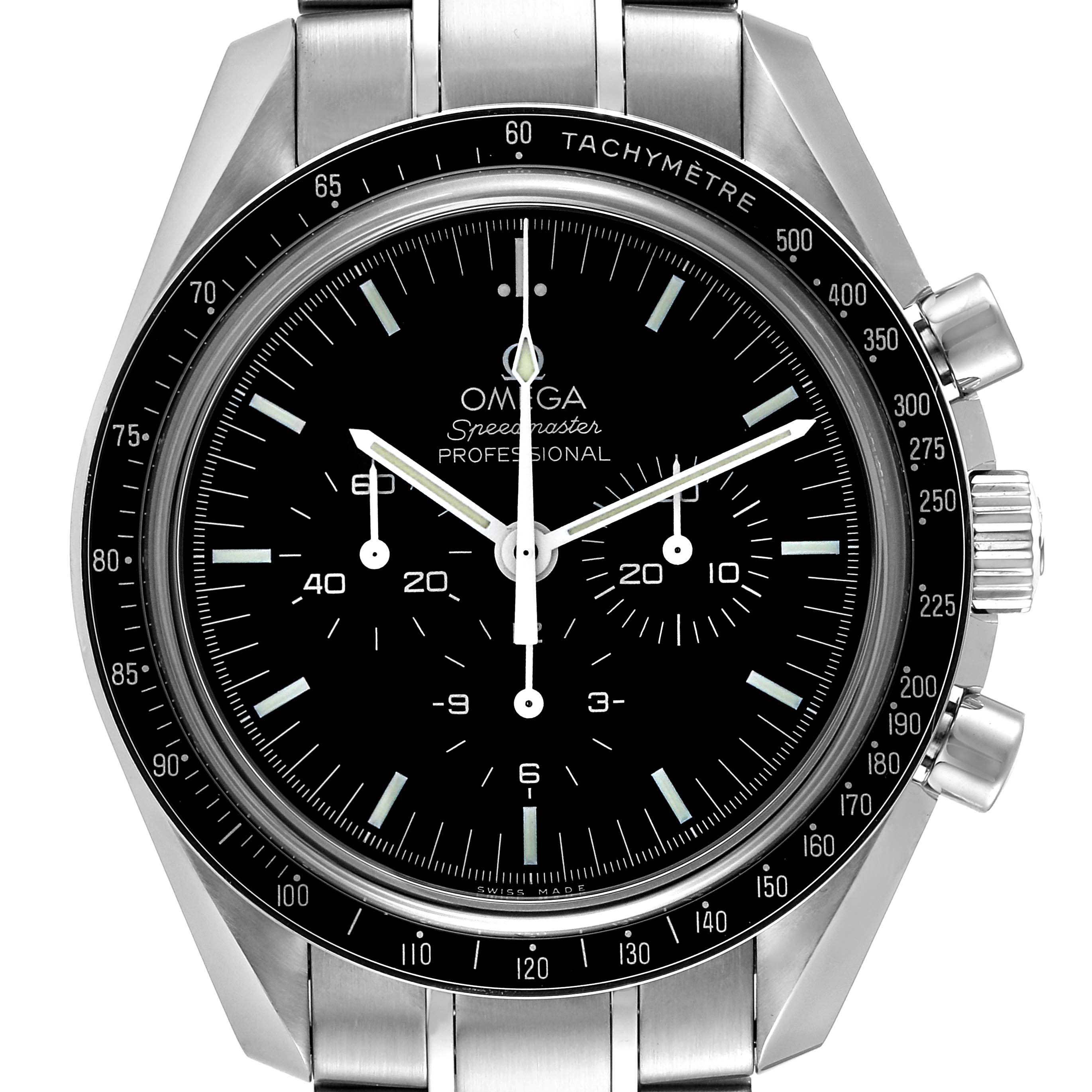 This image shows a front view of the Omega Speedmaster 311.30.42.30.01.006 Men
s Stainless Steel Black Dial 311.30.42.30.01.006 Men
s Stainless Steel Black Dial watch featuring its stainless steel case, tachymeter bezel, and chronograph subdials.