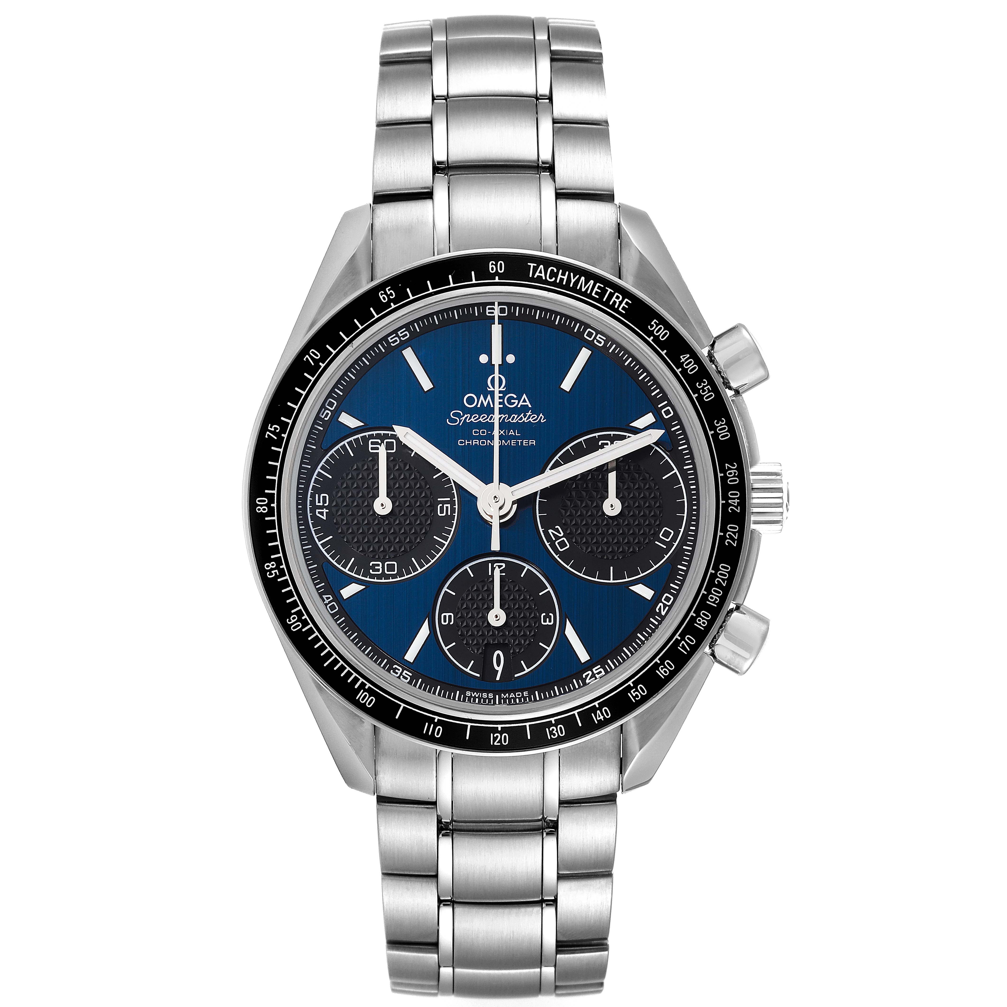 This image shows a frontal view of an Omega Speedmaster 326.30.40.50.03.001 Men
s Stainless Steel Blue Dial 326.30.40.50.03.001 Men
s Stainless Steel Blue Dial watch, displaying the dial, bezel, crown, pushers, and bracelet.