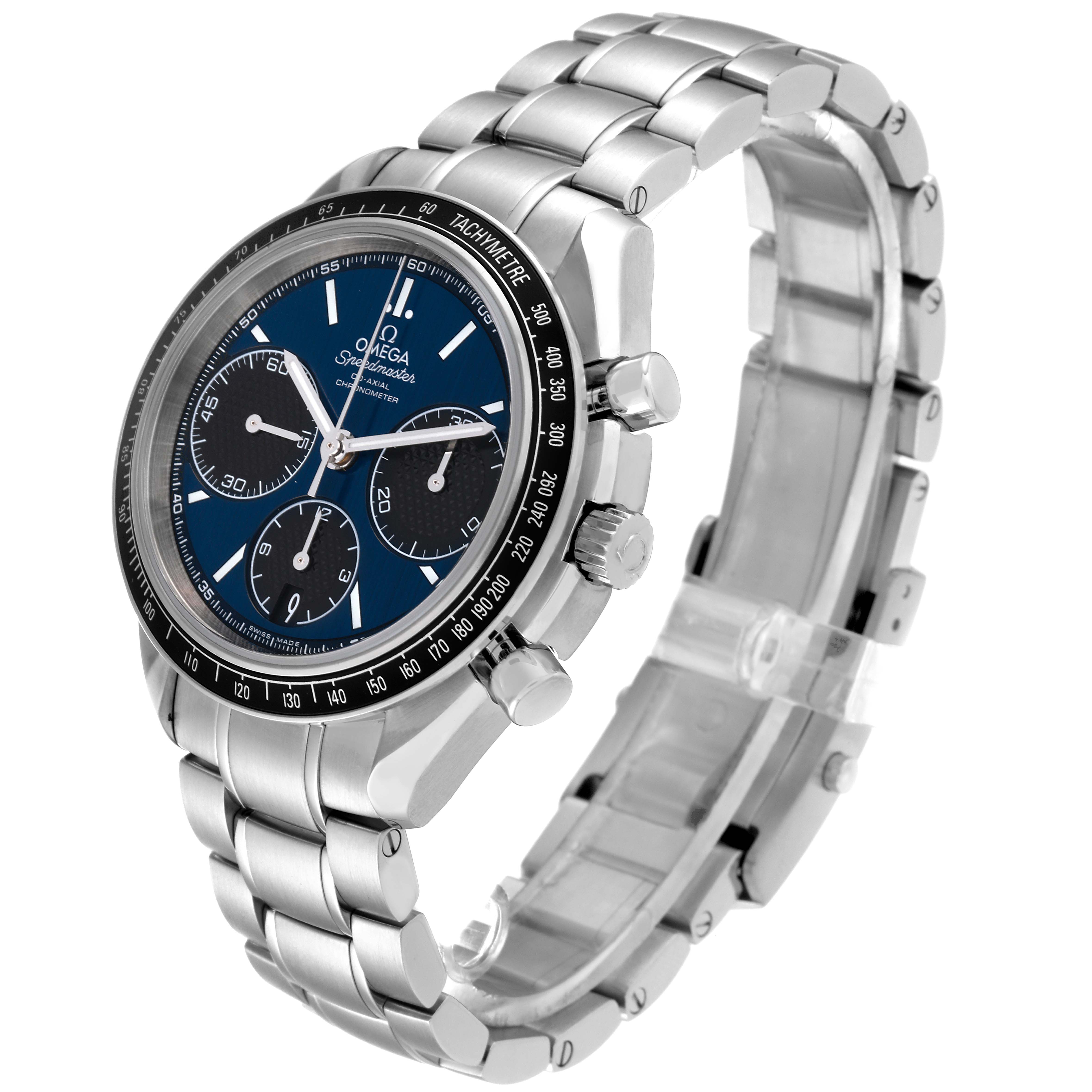 The Omega Speedmaster 326.30.40.50.03.001 Men
s Stainless Steel Blue Dial 326.30.40.50.03.001 Men
s Stainless Steel Blue Dial watch is shown at a three-quarter angle, highlighting its stainless steel bracelet, case, and tachymeter bezel.