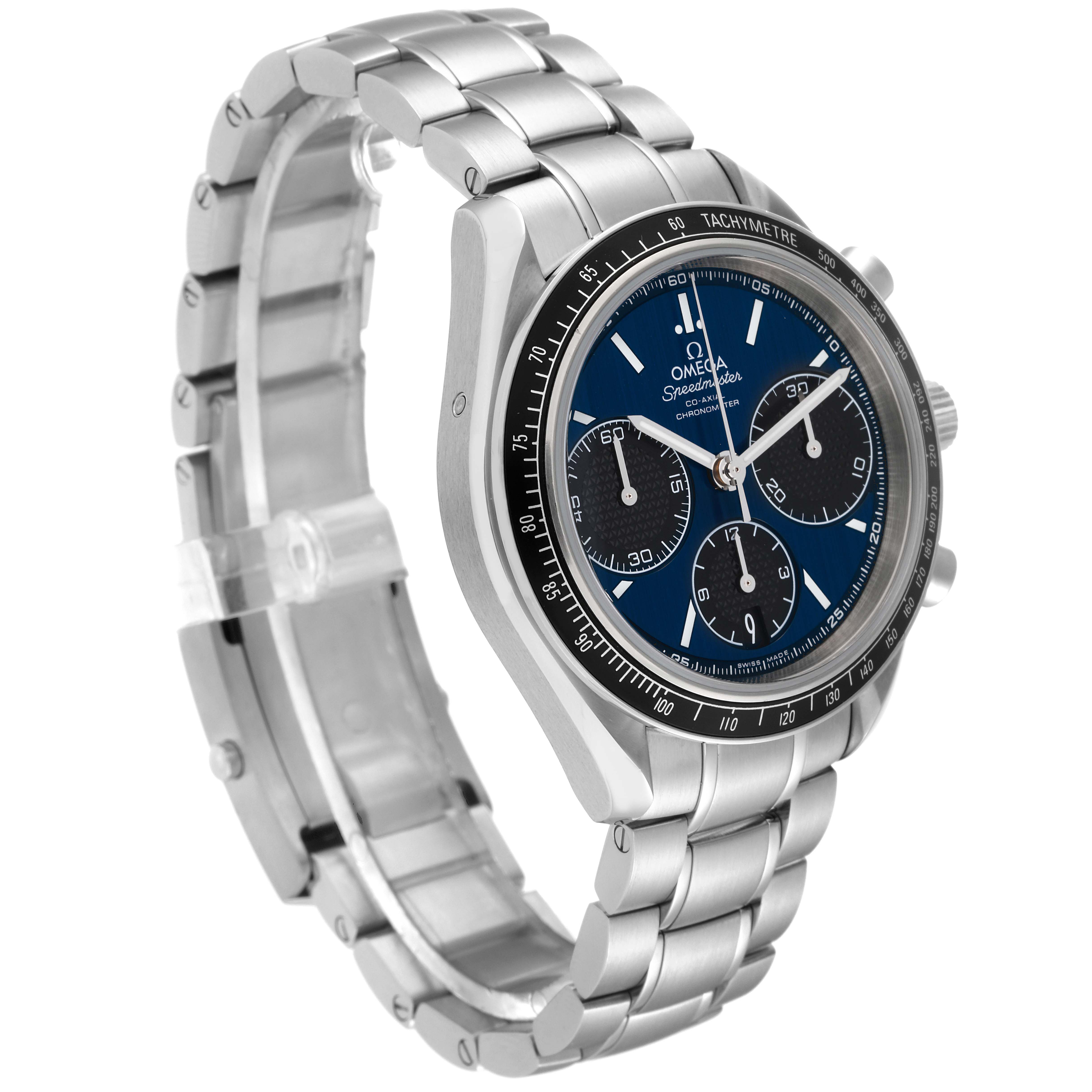 The image shows an Omega Speedmaster 326.30.40.50.03.001 Men
s Stainless Steel Blue Dial 326.30.40.50.03.001 Men
s Stainless Steel Blue Dial watch at a side angle, highlighting its bracelet, tachymeter bezel, and chronograph dials.