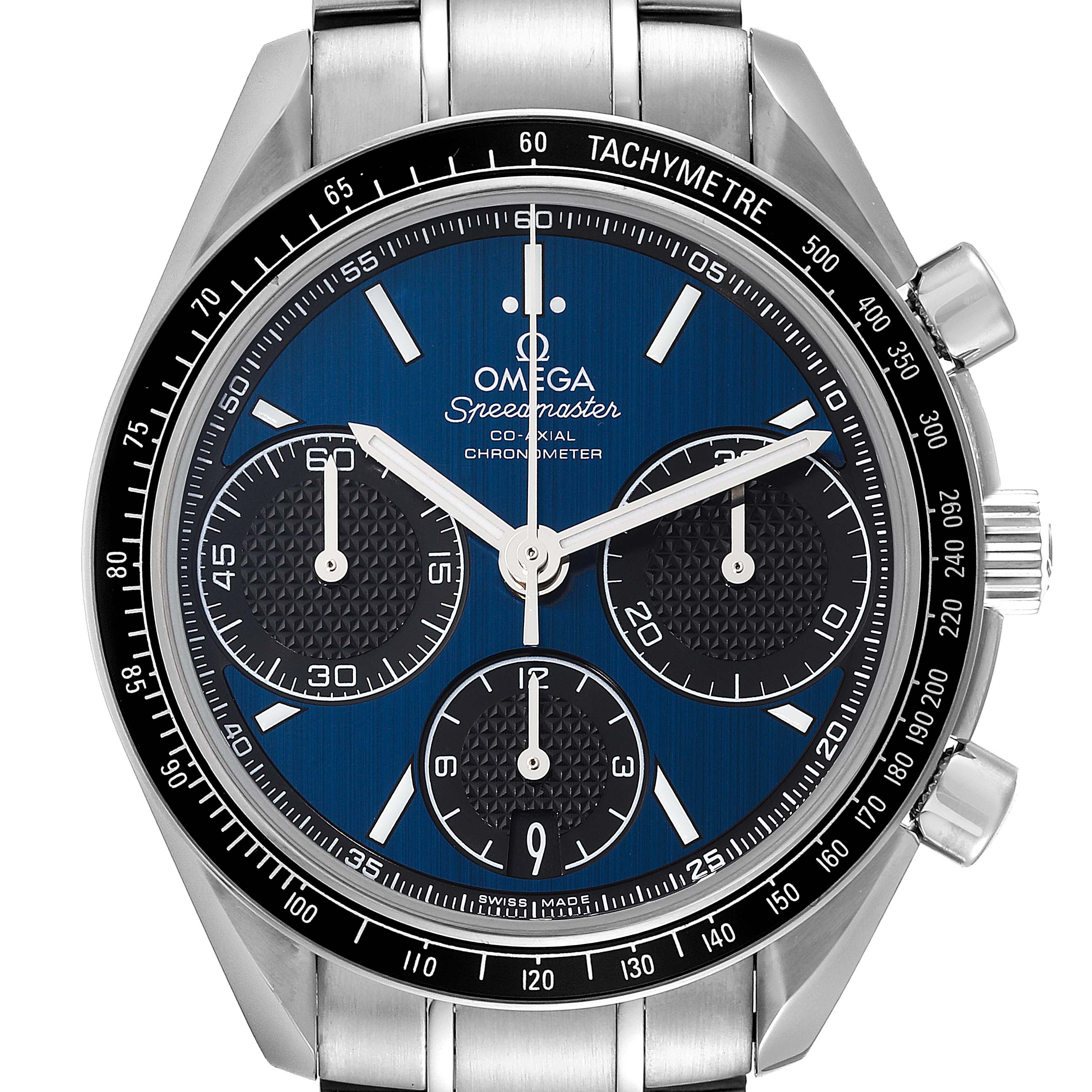 The Omega Speedmaster 326.30.40.50.03.001 Men
s Stainless Steel Blue Dial 326.30.40.50.03.001 Men
s Stainless Steel Blue Dial watch is shown from the front, displaying its dial, subdials, tachymeter bezel, and part of the stainless steel bracelet.