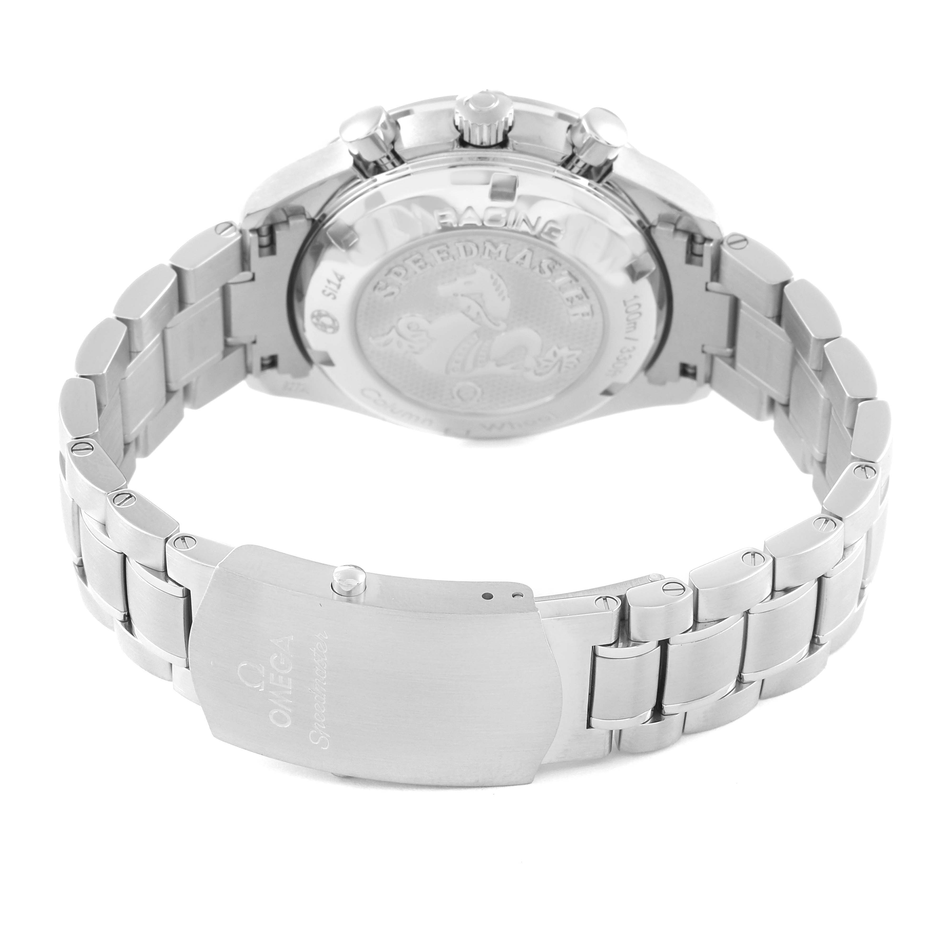 The image shows the backside and bracelet of an Omega Speedmaster 326.30.40.50.03.001 Men
s Stainless Steel Blue Dial 326.30.40.50.03.001 Men
s Stainless Steel Blue Dial watch, highlighting the clasp and case back engravings.