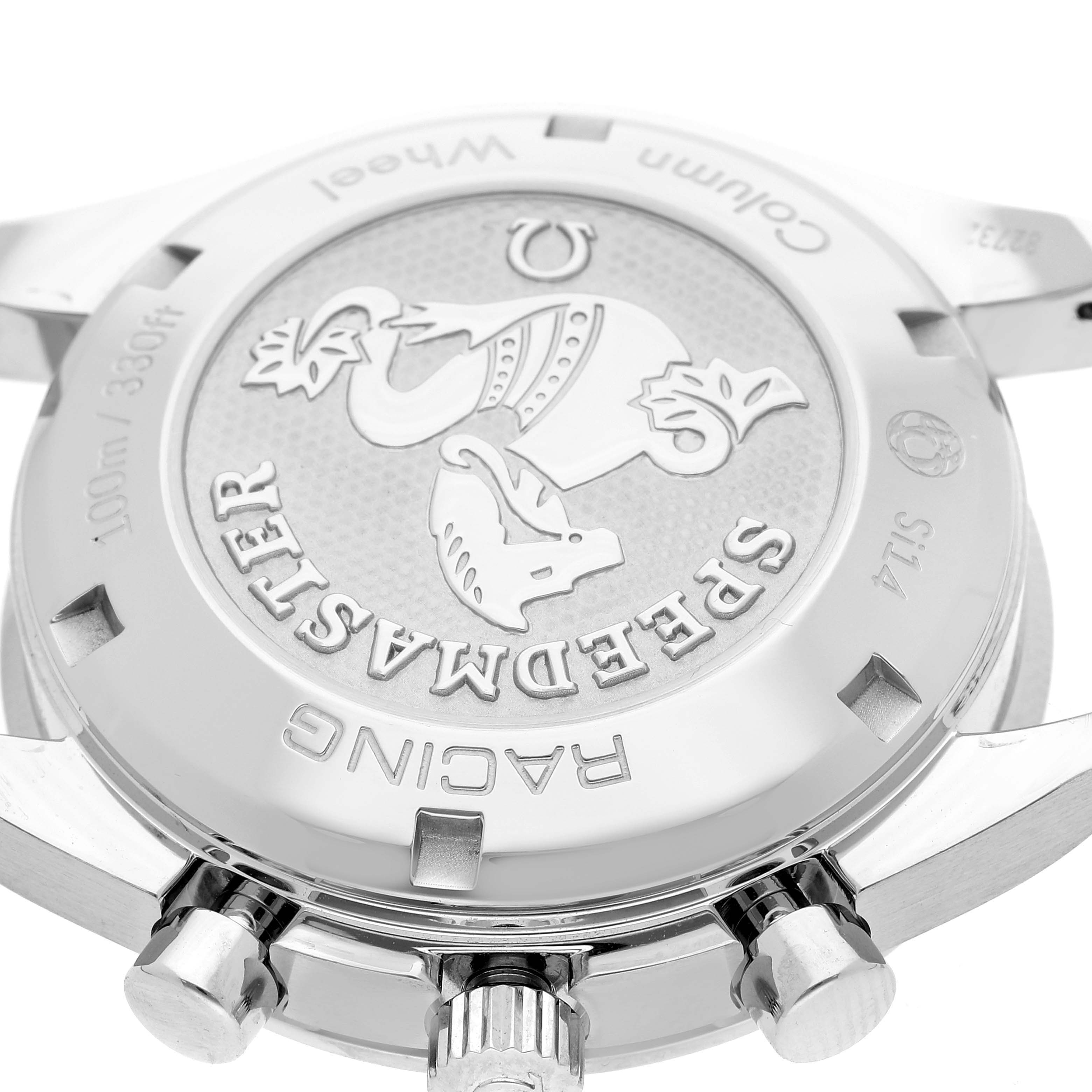 The image shows the back case of the Omega Speedmaster 326.30.40.50.03.001 Men
s Stainless Steel Blue Dial 326.30.40.50.03.001 Men
s Stainless Steel Blue Dial Racing watch, displaying its engravings and buttons.