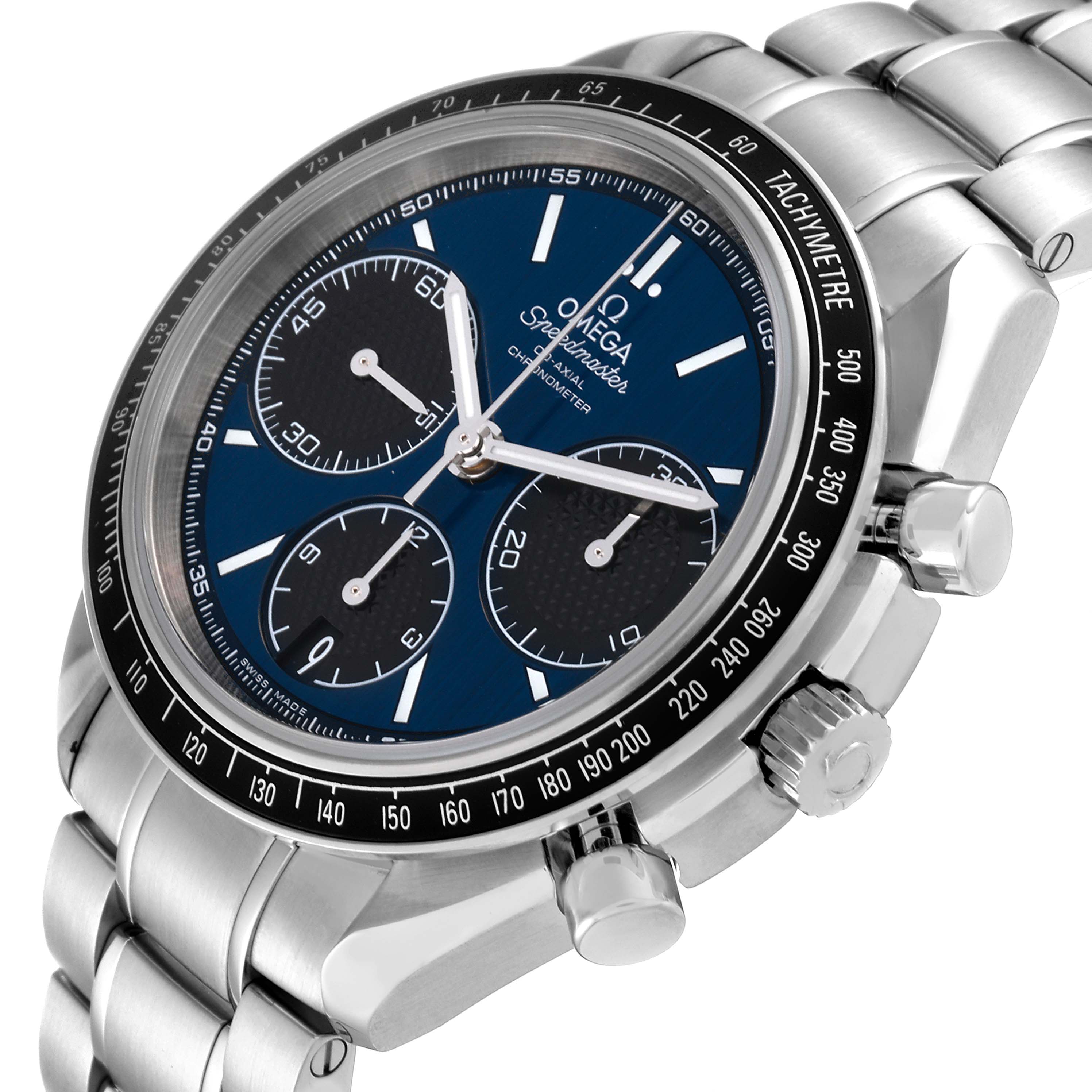 The image shows an angled view of an Omega Speedmaster 326.30.40.50.03.001 Men
s Stainless Steel Blue Dial 326.30.40.50.03.001 Men
s Stainless Steel Blue Dial watch, highlighting the dial and tachymeter bezel.