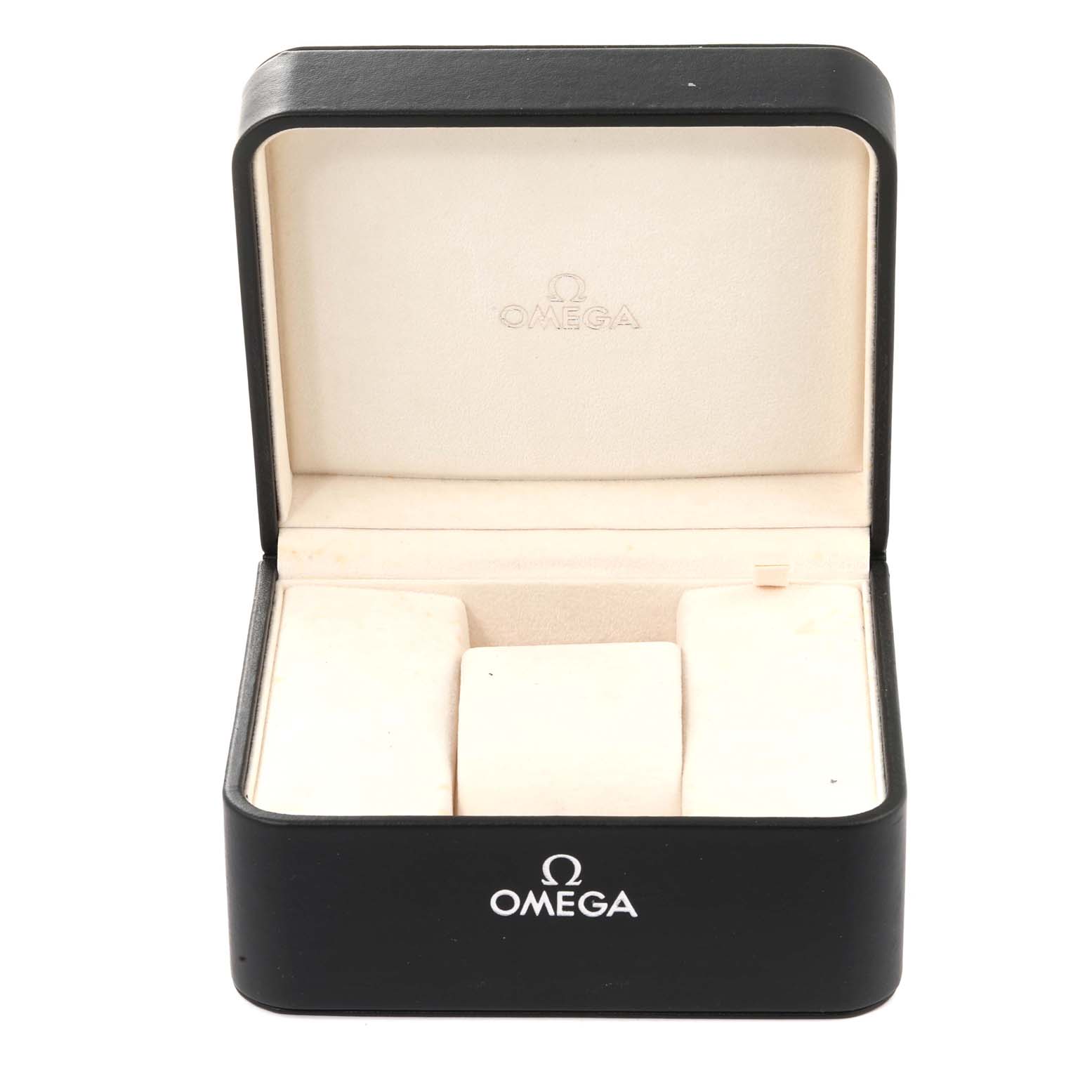 The image shows an open Omega Speedmaster 3517.30.00 Men's Stainless Steel Silver Dial 3517.30.00 Men's Stainless Steel Silver Dial watch box, displaying its interior compartments.