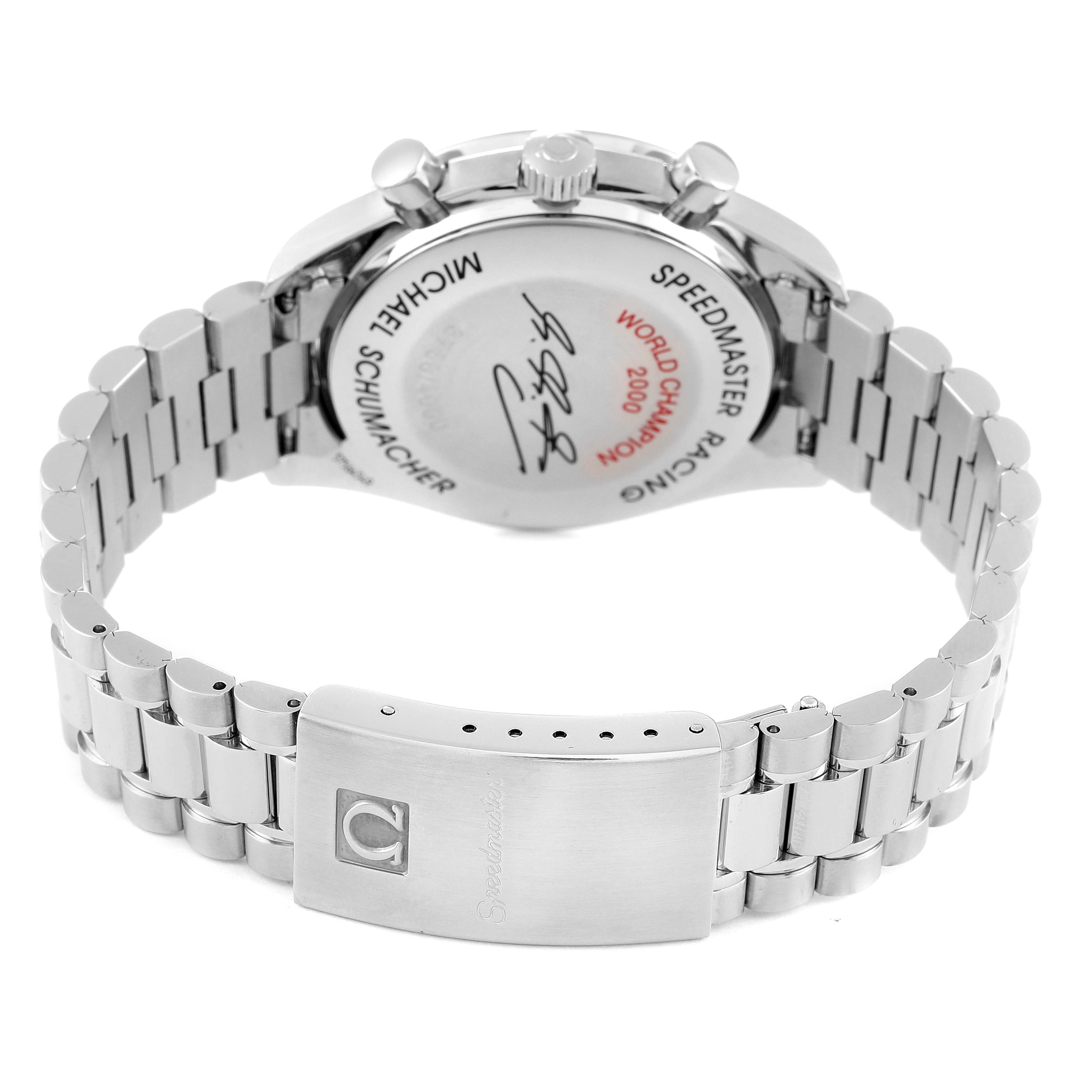 The image shows the back case and metal bracelet of an Omega Speedmaster 3517.30.00 Men's Stainless Steel Silver Dial 3517.30.00 Men's Stainless Steel Silver Dial watch.