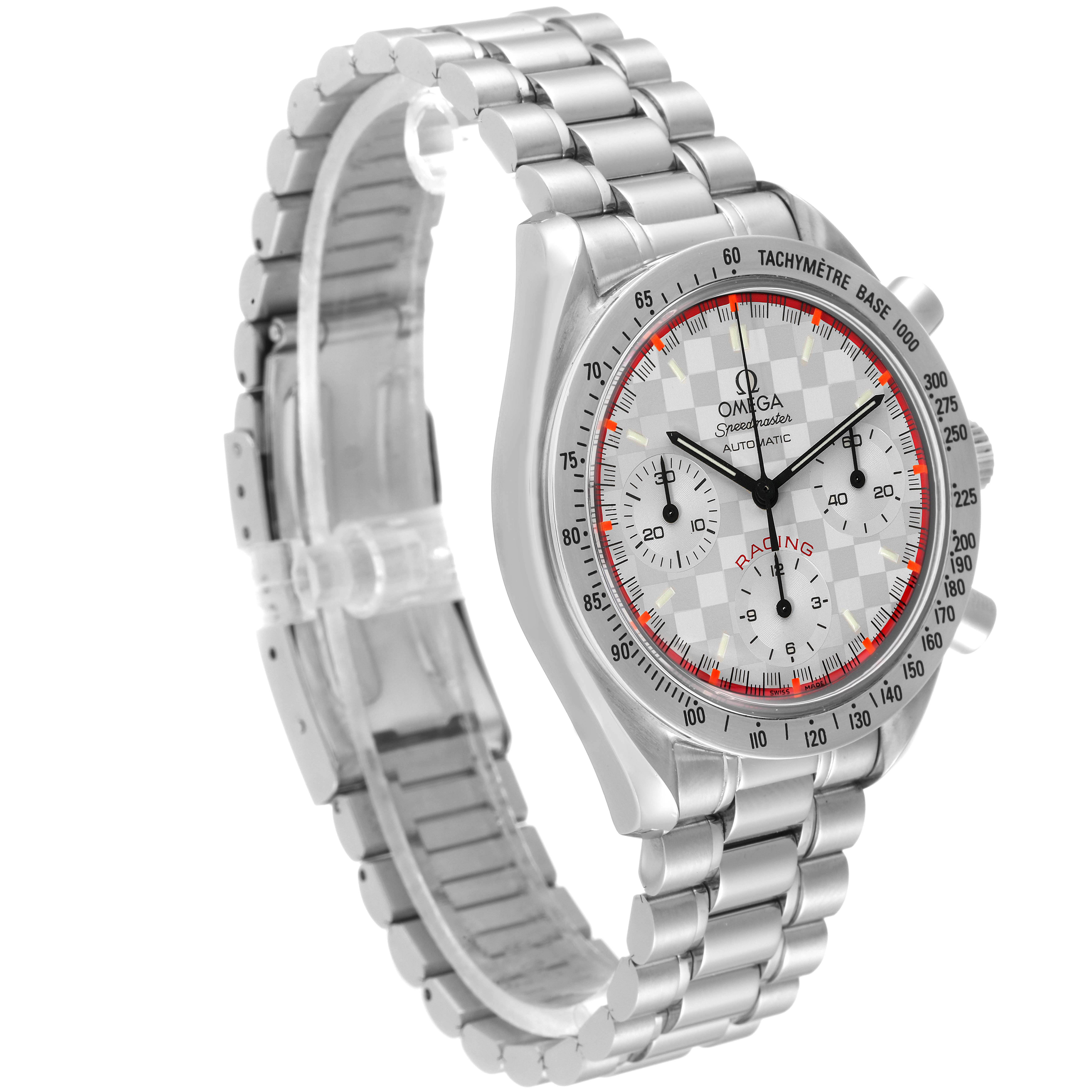 The image shows an angled side view of an Omega Speedmaster 3517.30.00 Men's Stainless Steel Silver Dial 3517.30.00 Men's Stainless Steel Silver Dial watch, highlighting the dial, bezel, and metal bracelet.