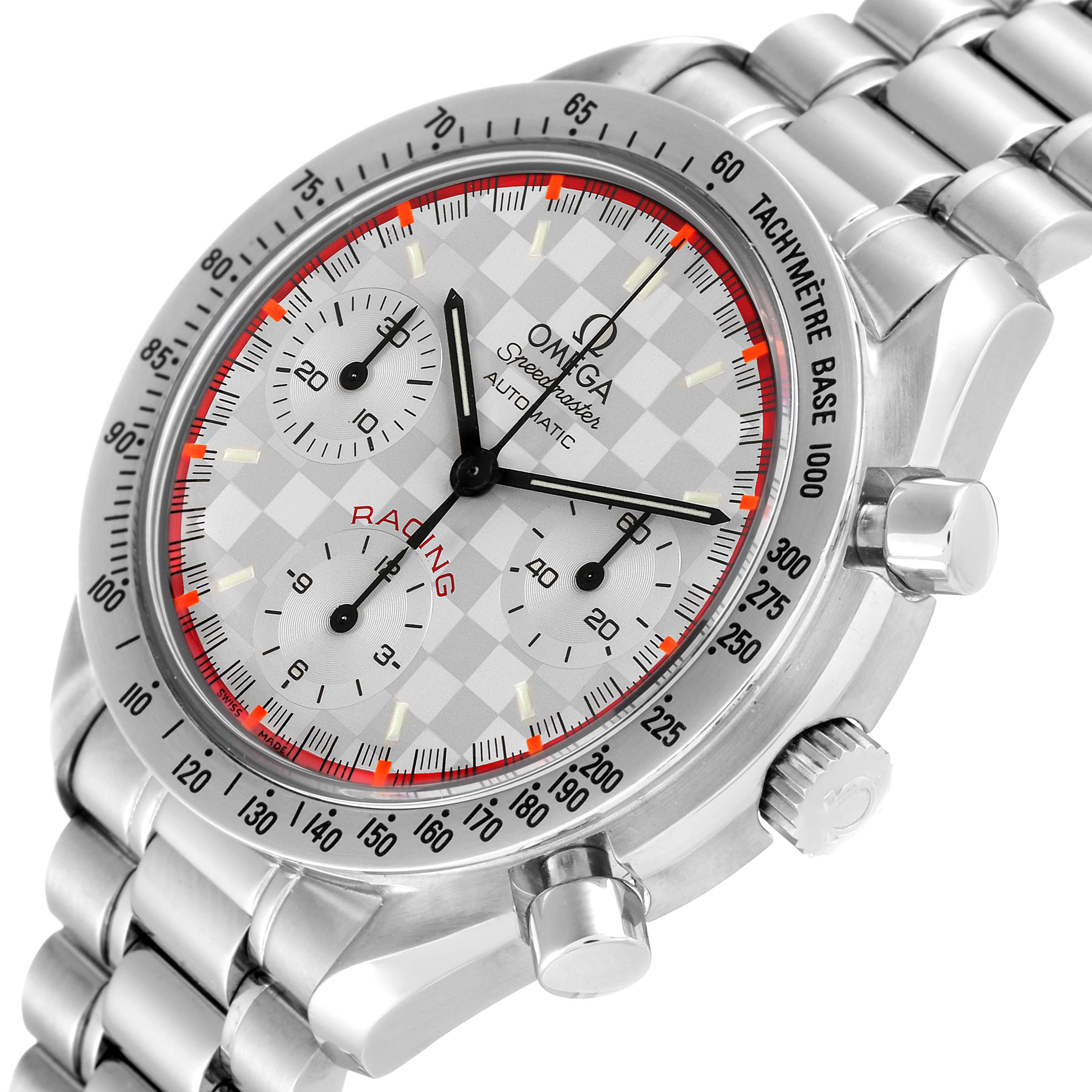The Omega Speedmaster 3517.30.00 Men's Stainless Steel Silver Dial 3517.30.00 Men's Stainless Steel Silver Dial watch is shown at an angled close-up, displaying its dial, bezel, and metal bracelet.
