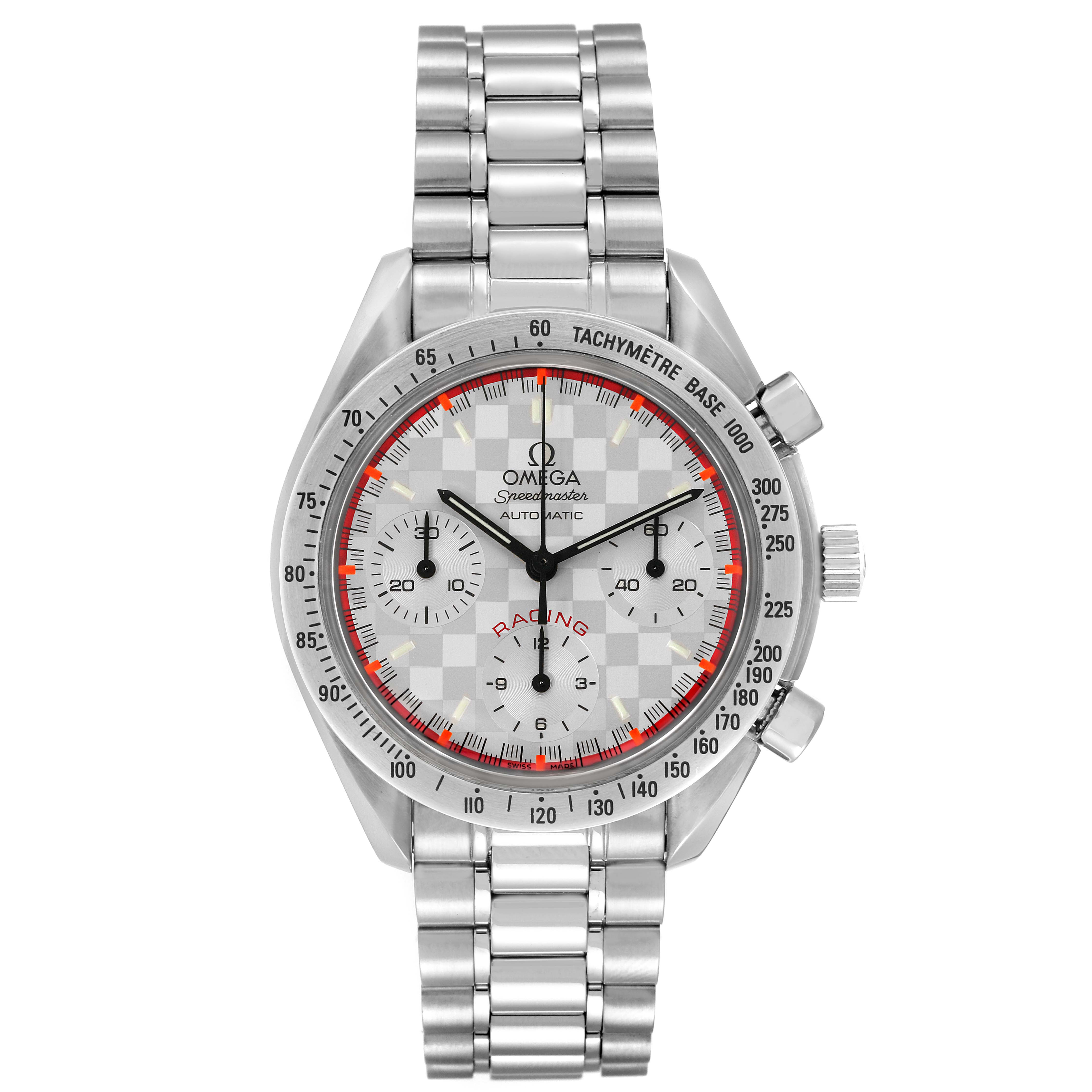 This image shows a front view of the Omega Speedmaster 3517.30.00 Men's Stainless Steel Silver Dial 3517.30.00 Men's Stainless Steel Silver Dial watch, displaying the dial, bezel, and bracelet.