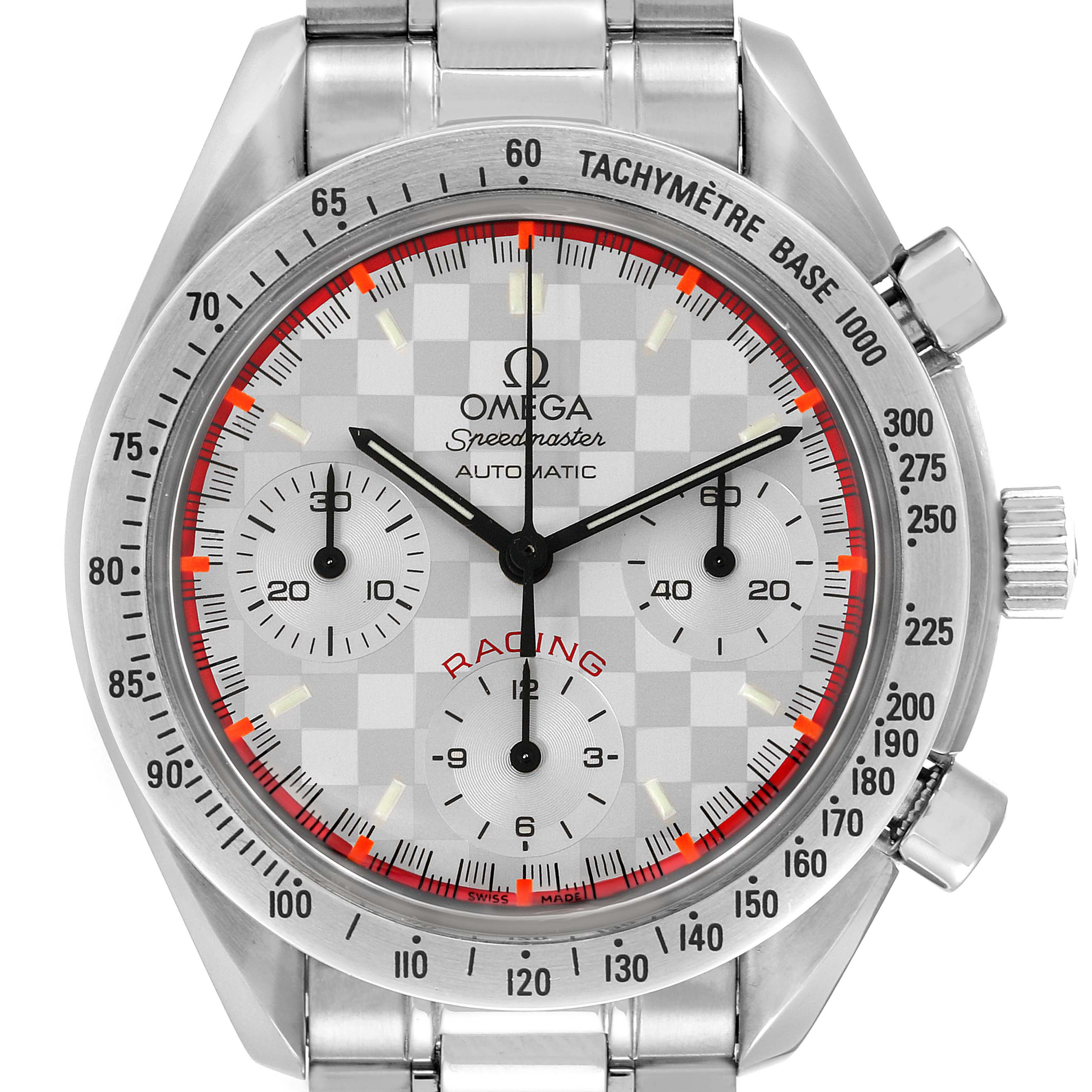 The Omega Speedmaster 3517.30.00 Men's Stainless Steel Silver Dial 3517.30.00 Men's Stainless Steel Silver Dial watch shown is at a front angle, displaying the face, bezel, pushers, and part of the bracelet.