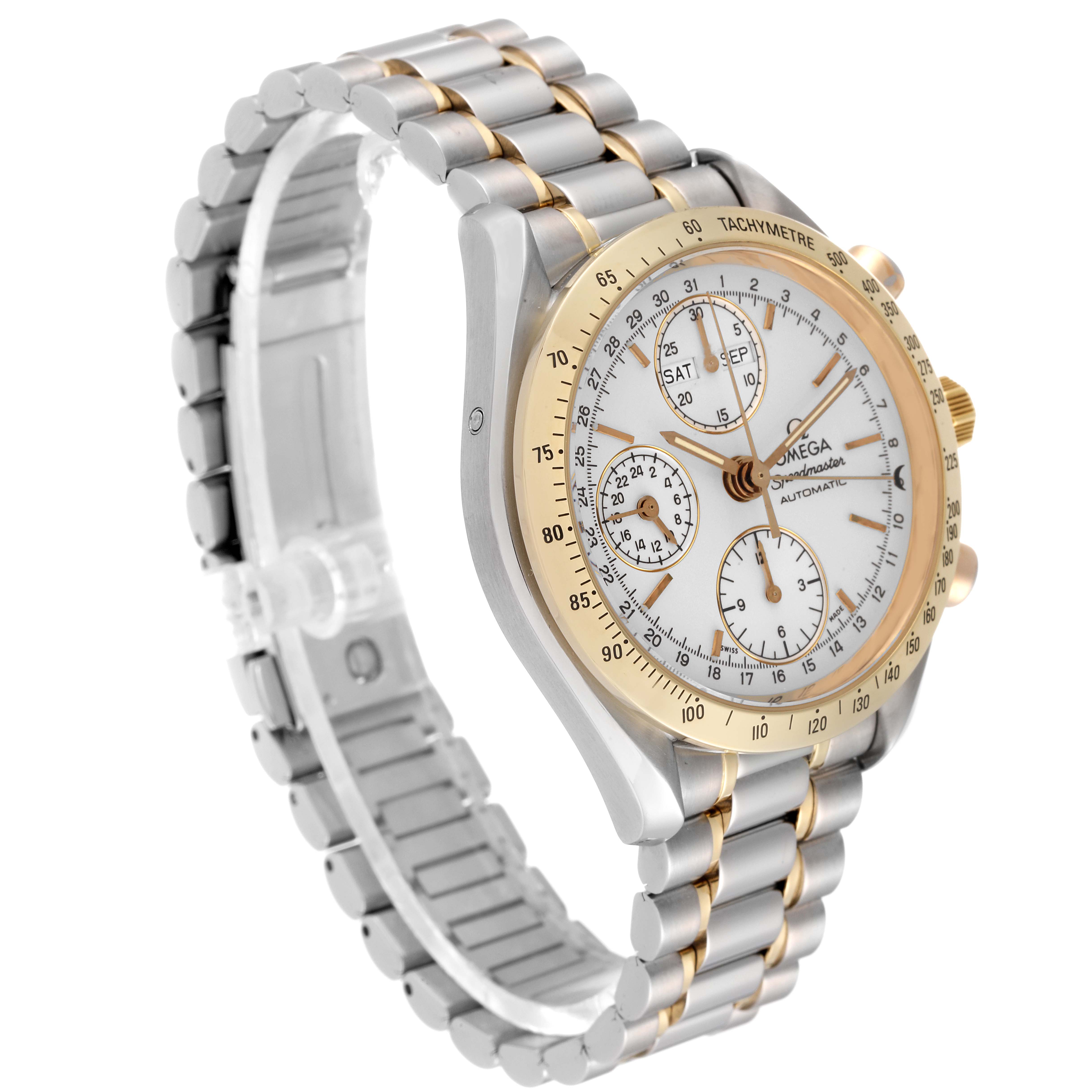 The image shows a side angle of an Omega Speedmaster 3321.30.00 Men's Steel and Gold (two tone) Silver Dial 3321.30.00 Men's Steel and Gold (two tone) Silver Dial watch, highlighting its dial, bezel, and bracelet.