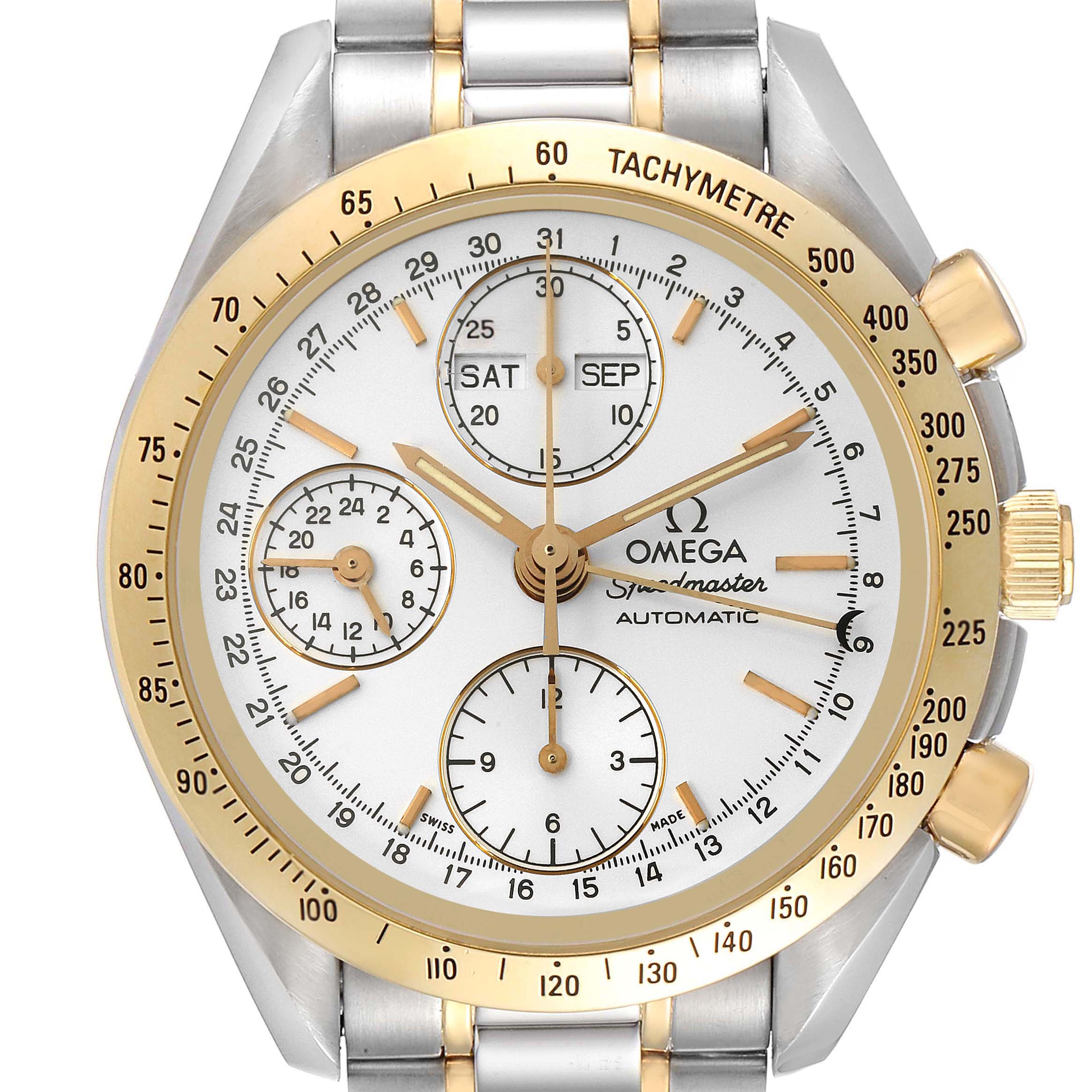 The image shows a front view of an Omega Speedmaster 3321.30.00 Men's Steel and Gold (two tone) Silver Dial 3321.30.00 Men's Steel and Gold (two tone) Silver Dial watch, highlighting the gold bezel, subdials, and tachymeter scale.