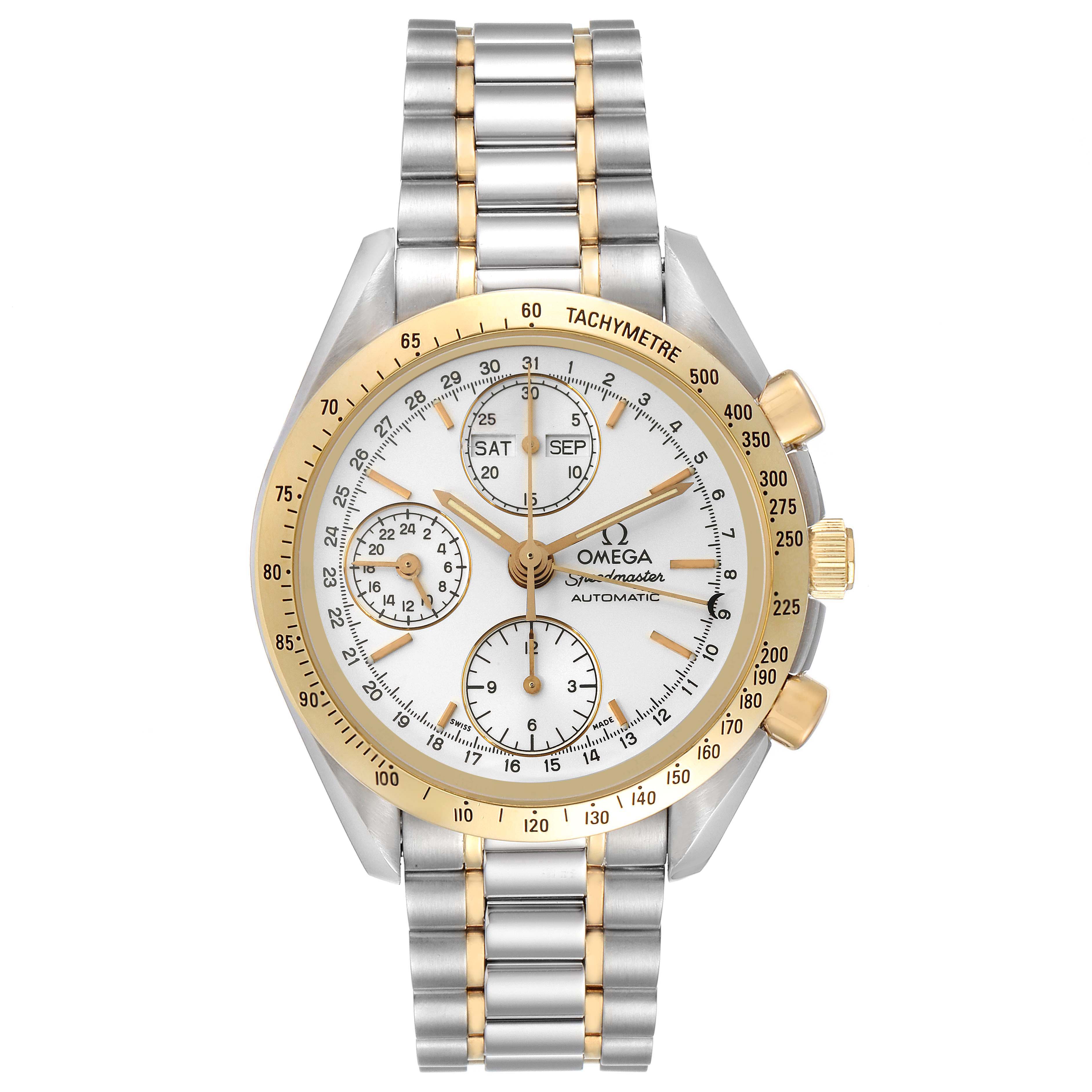 The image shows an Omega Speedmaster 3321.30.00 Men's Steel and Gold (two tone) Silver Dial 3321.30.00 Men's Steel and Gold (two tone) Silver Dial watch with a gold tachymeter bezel, white dial, and two-tone metal bracelet, viewed from the front.