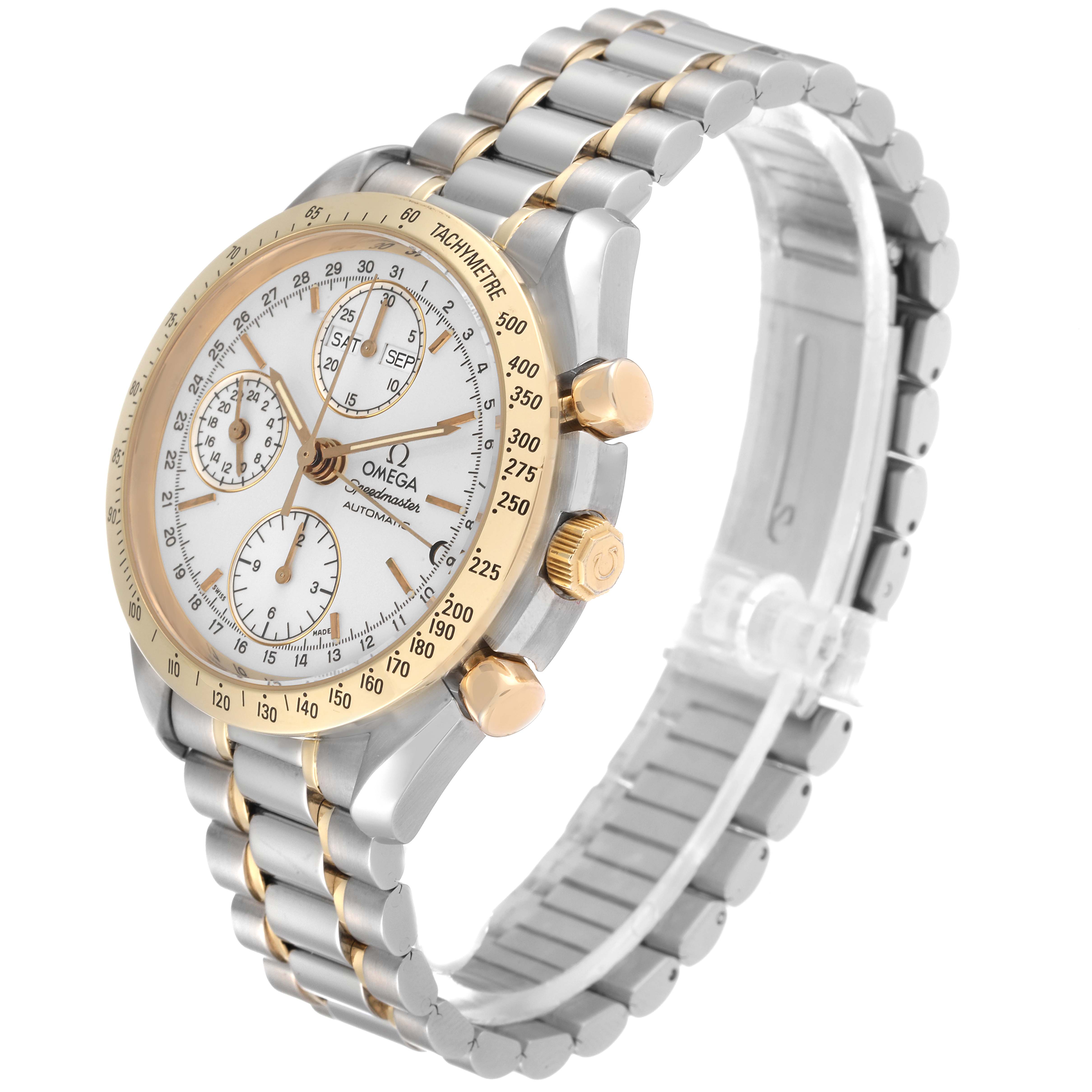This image shows an Omega Speedmaster 3321.30.00 Men's Steel and Gold (two tone) Silver Dial 3321.30.00 Men's Steel and Gold (two tone) Silver Dial watch at a three-quarter angle, highlighting the dial, bezel, crown, and part of the bracelet.