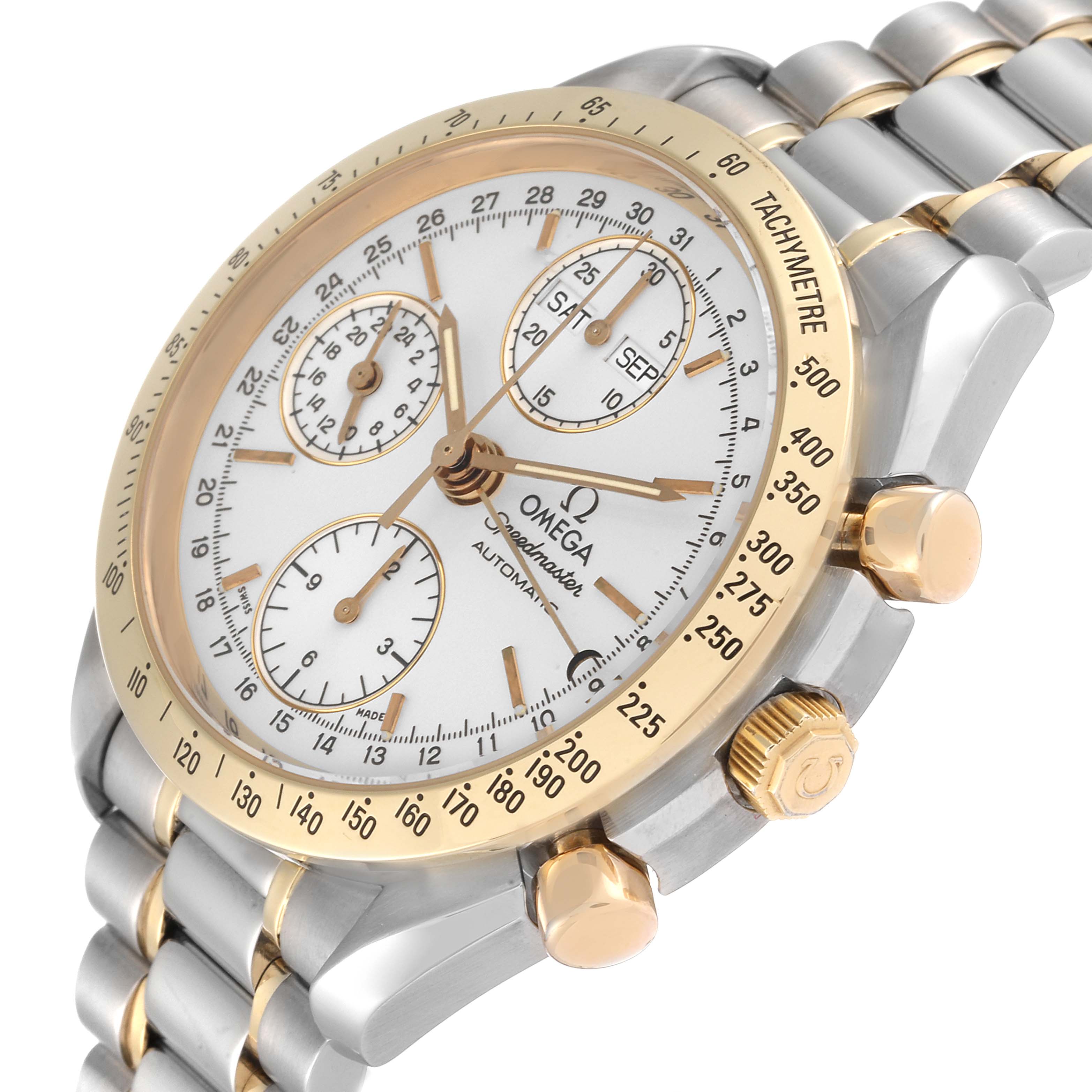 The image shows an angled view of an Omega Speedmaster 3321.30.00 Men's Steel and Gold (two tone) Silver Dial 3321.30.00 Men's Steel and Gold (two tone) Silver Dial watch highlighting its dial, tachymeter bezel, and two-tone bracelet.