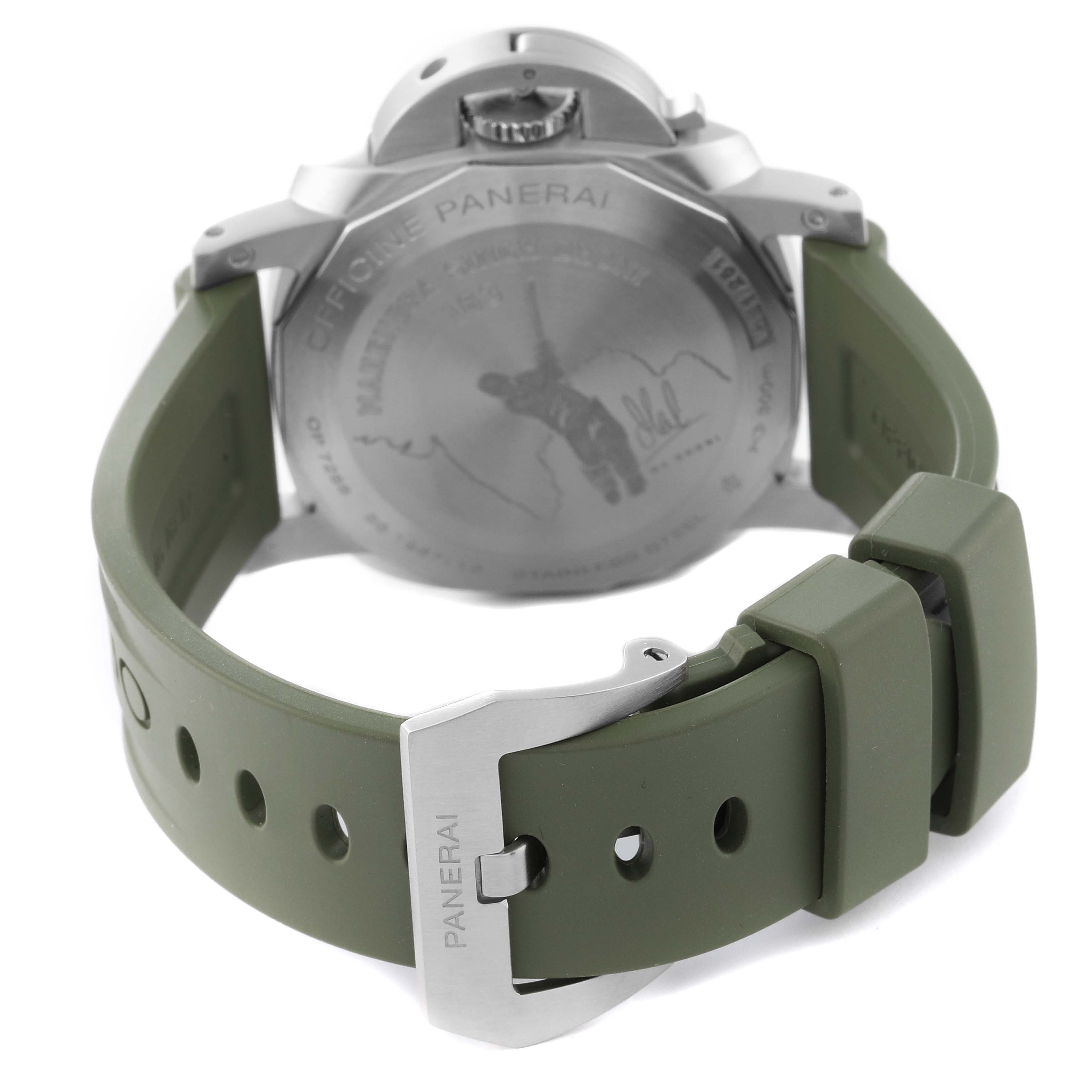 This image shows the back case and olive green strap of a Panerai Luminor PAM01056 Men
s Stainless Steel Green Dial PAM01056 Men
s Stainless Steel Green Dial watch from an angled rear view.
