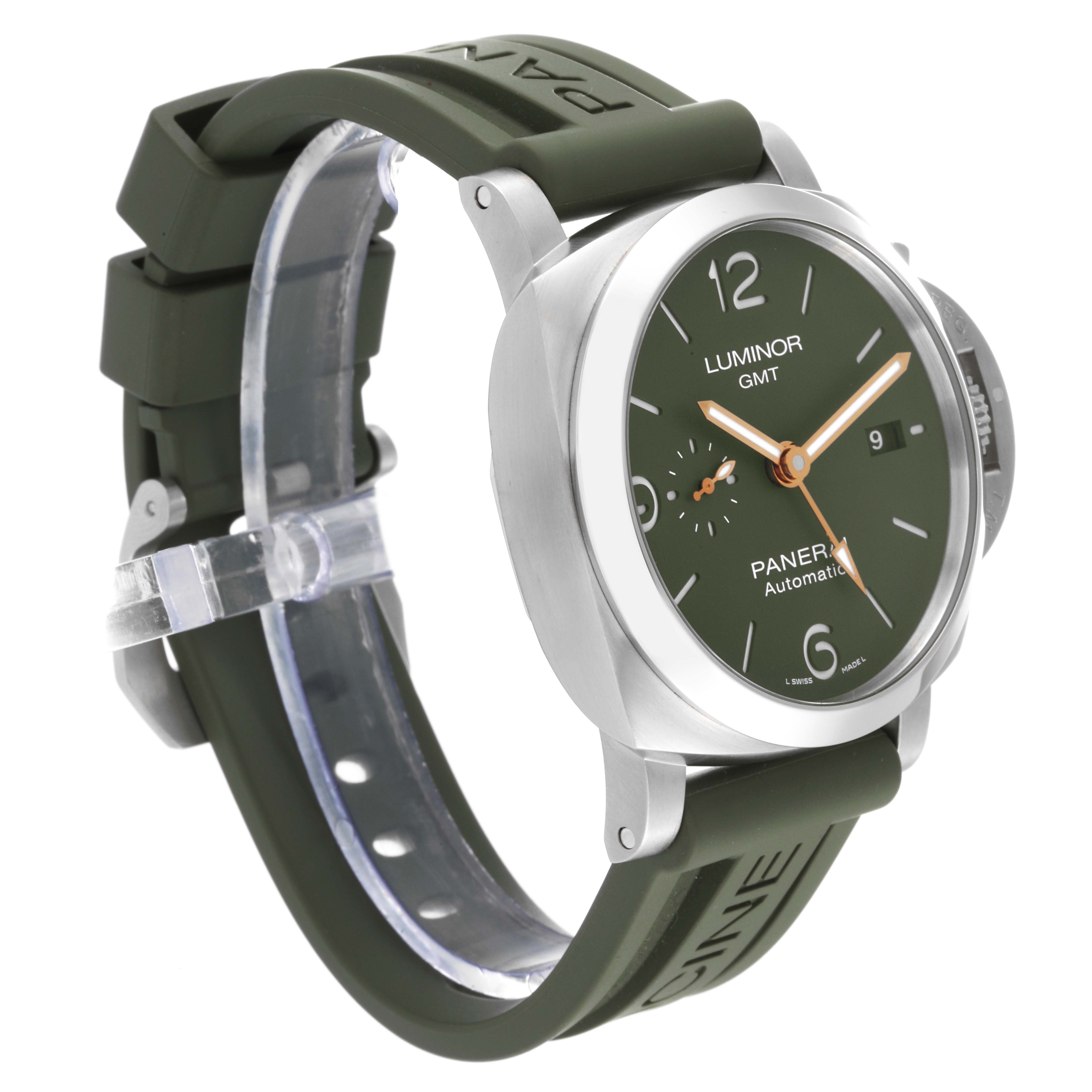 The Panerai Luminor PAM01056 Men
s Stainless Steel Green Dial PAM01056 Men
s Stainless Steel Green Dial GMT watch is shown from a three-quarter angle, highlighting its case, dial, crown guard, and strap.