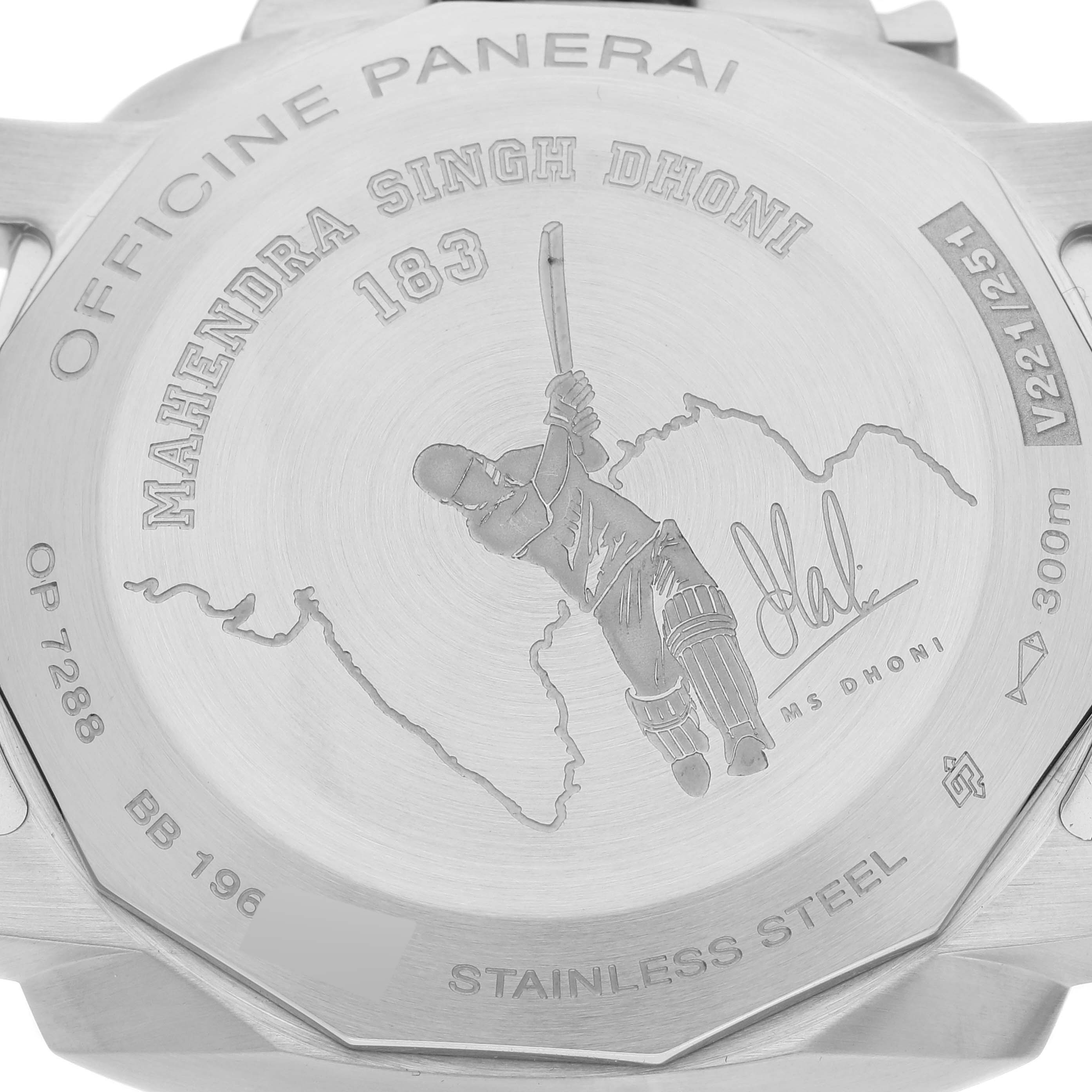The image shows the engraved case back of a Panerai Luminor PAM01056 Men
s Stainless Steel Green Dial PAM01056 Men
s Stainless Steel Green Dial watch, featuring a cricketer design and text.
