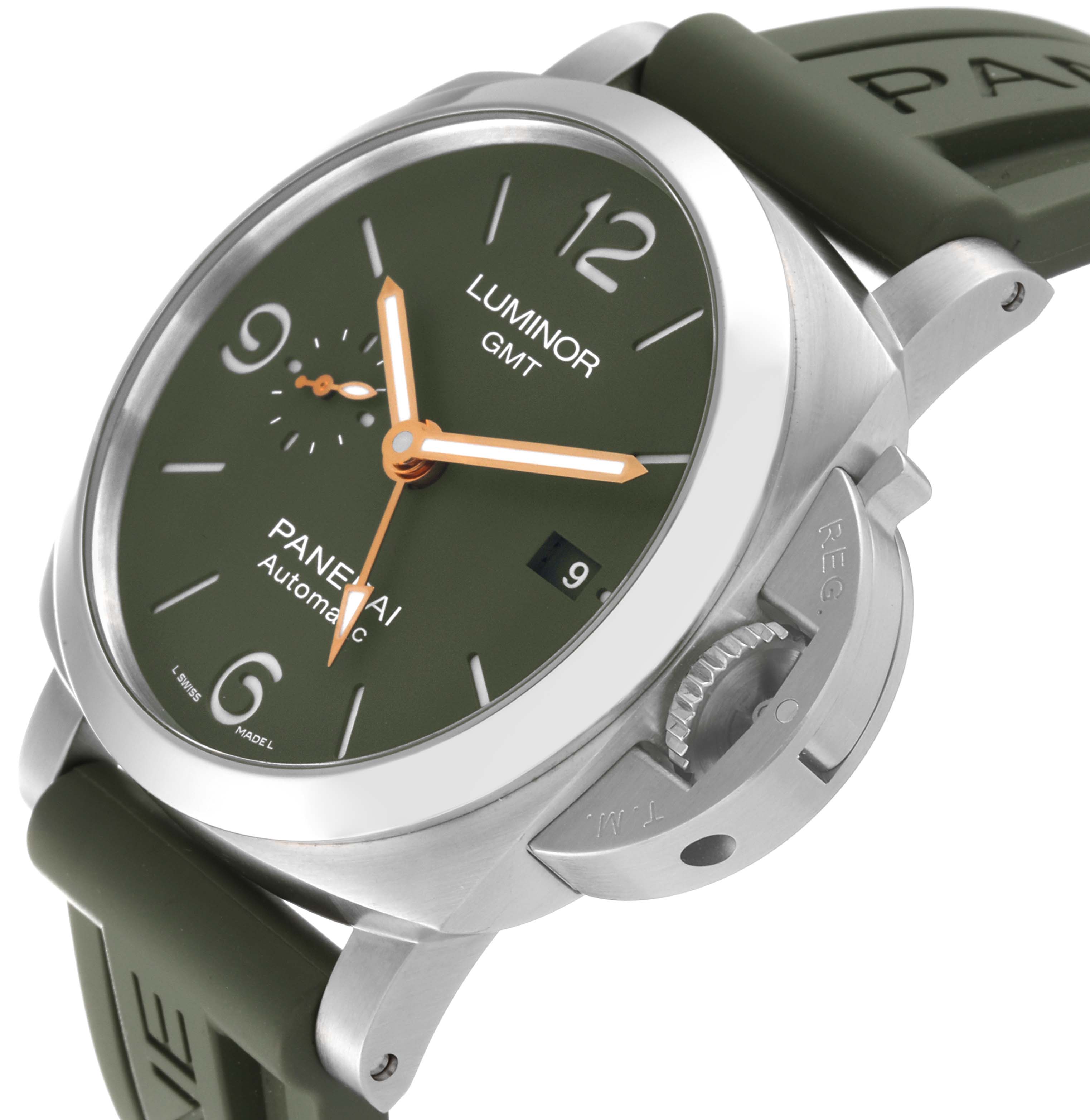 The image shows a side angle of the Panerai Luminor PAM01056 Men
s Stainless Steel Green Dial PAM01056 Men
s Stainless Steel Green Dial GMT watch, highlighting the green dial and crown guard.