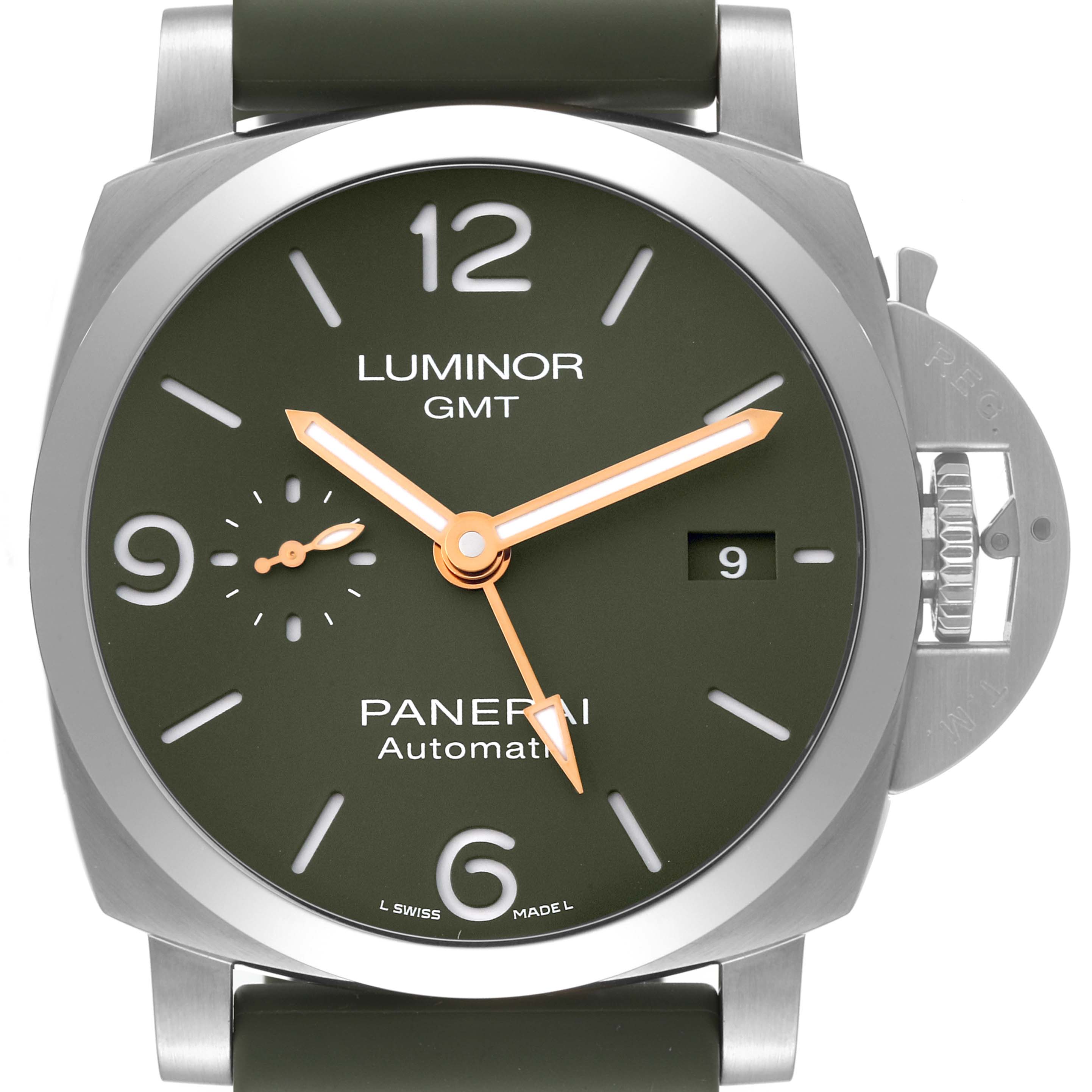 The image shows a front view of the Panerai Luminor PAM01056 Men
s Stainless Steel Green Dial PAM01056 Men
s Stainless Steel Green Dial GMT watch with its dial, hands, date display, and crown guard.
