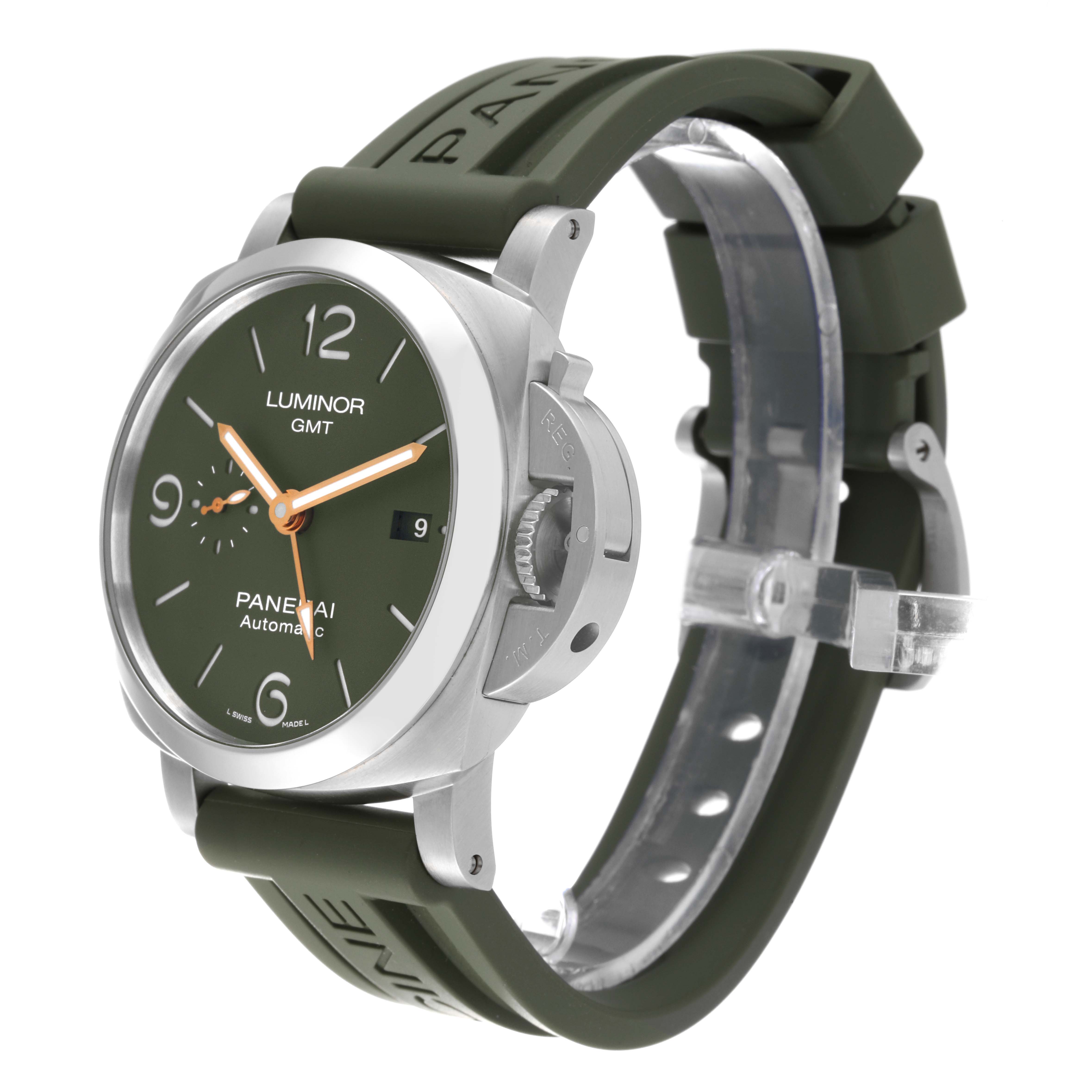 The Panerai Luminor PAM01056 Men
s Stainless Steel Green Dial PAM01056 Men
s Stainless Steel Green Dial model watch is shown in a 3/4 angle, displaying its green dial, crown guard, and strap.