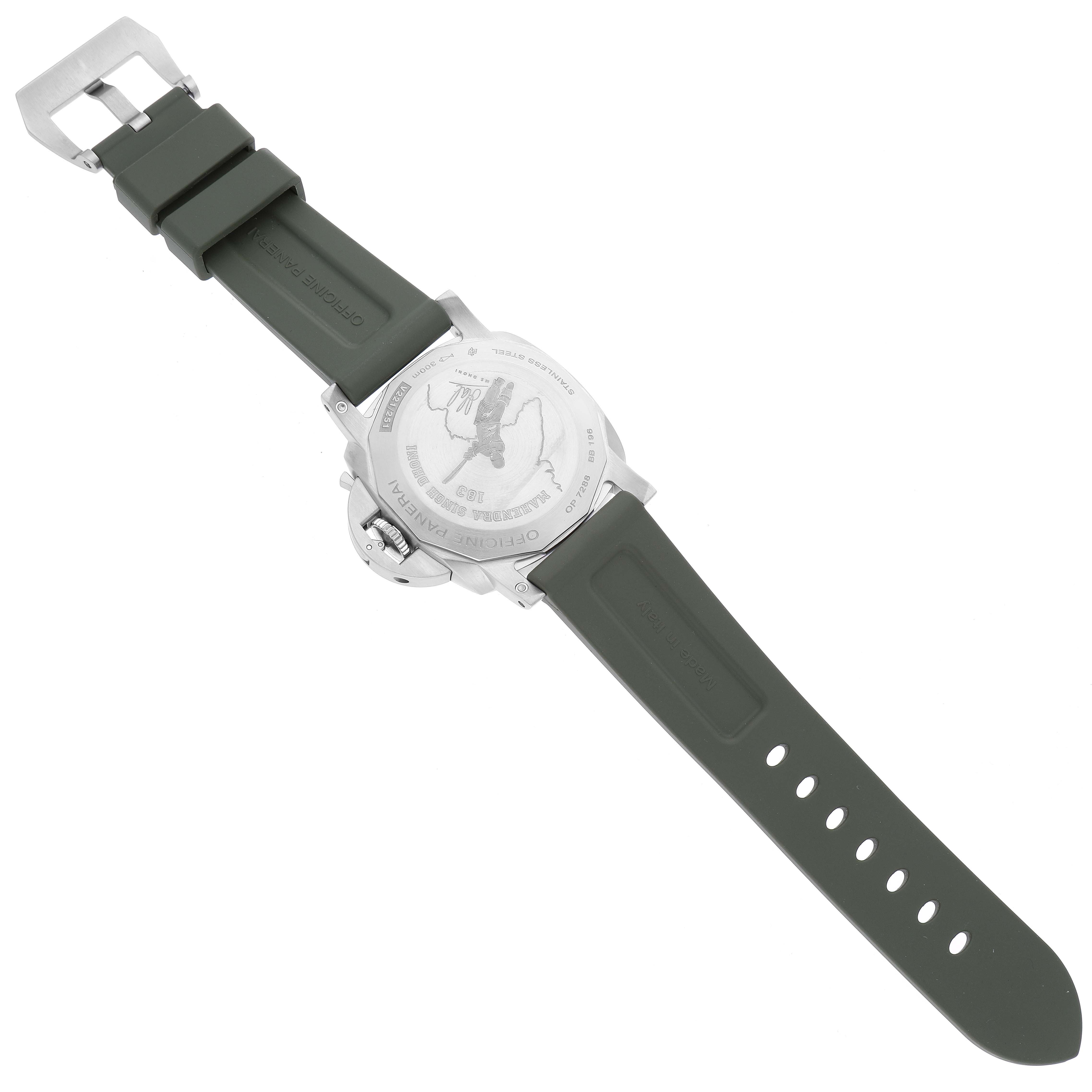 The image shows the back view of a Panerai Luminor PAM01056 Men
s Stainless Steel Green Dial PAM01056 Men
s Stainless Steel Green Dial watch, displaying its case back and rubber strap.