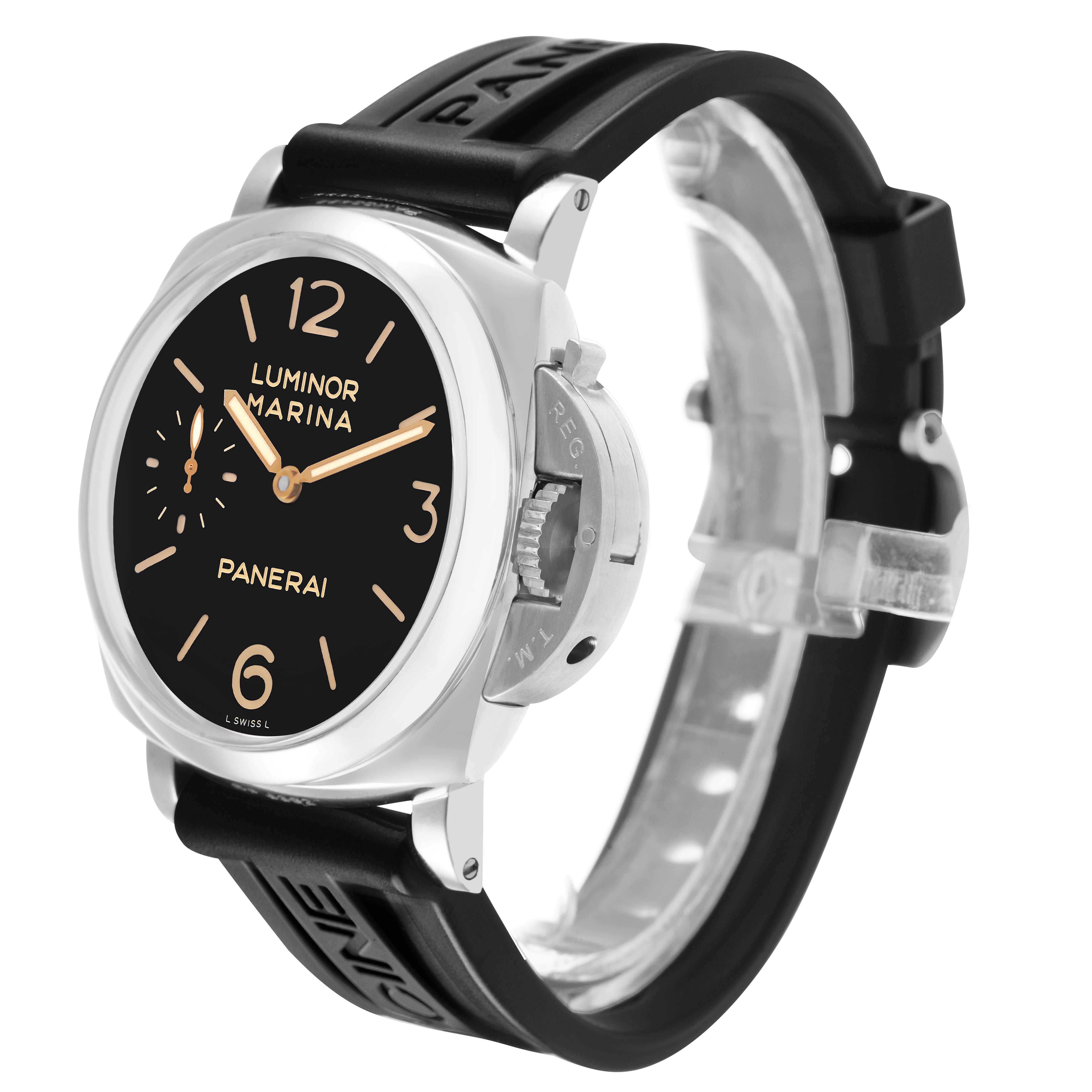 The Panerai Luminor PAM00422 Men's Stainless Steel Black Dial model is shown at a three-quarter angle, displaying the dial, case, crown guard, and rubber strap.