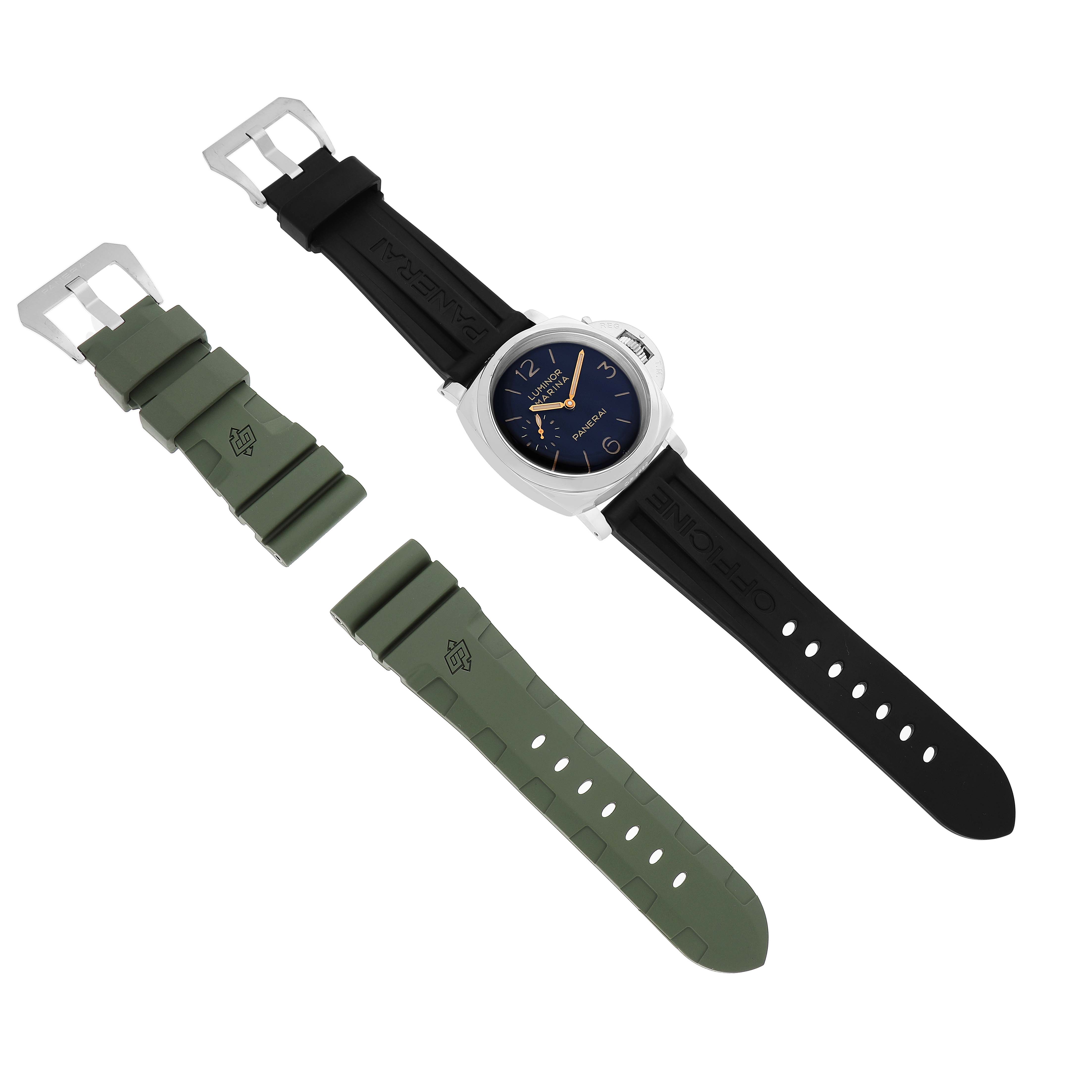 The image shows a Panerai Luminor PAM00422 Men's Stainless Steel Black Dial watch with a black strap attached and extra green straps, viewed from above.