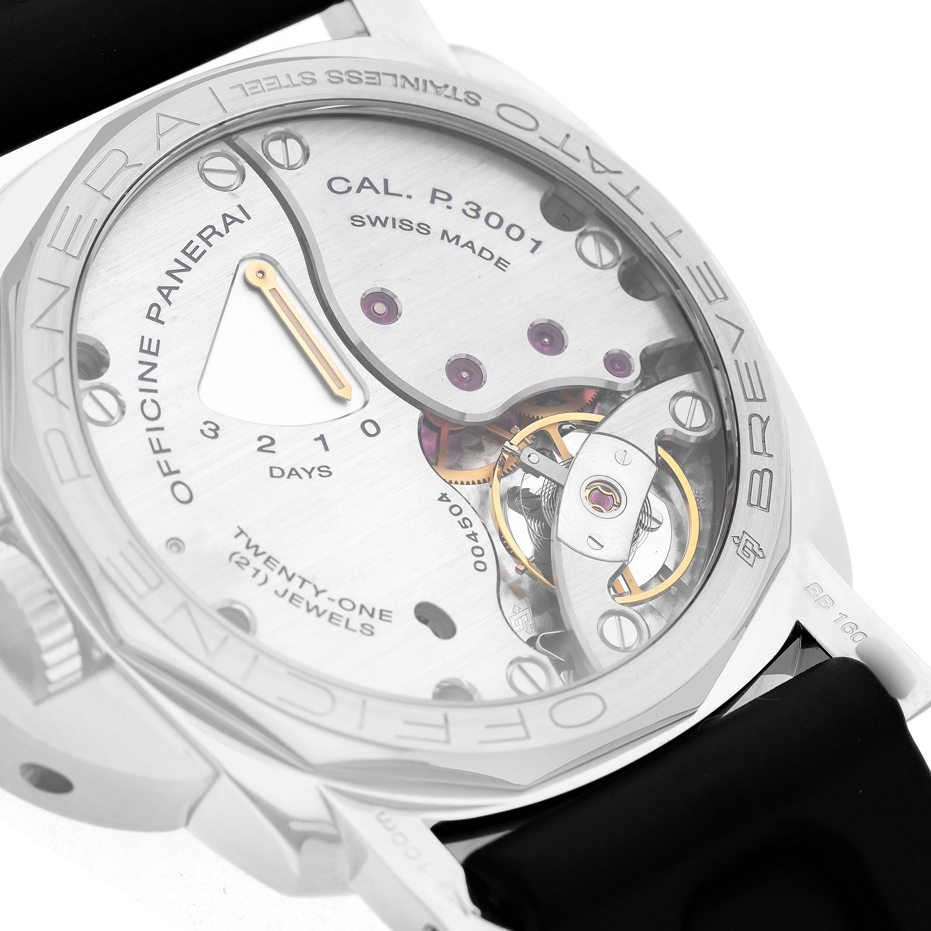 The image shows the back view of a Panerai Luminor PAM00422 Men's Stainless Steel Black Dial watch, highlighting the Cal. P.3001 movement and its inner mechanics.