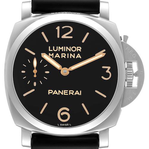 The Panerai Luminor PAM00422 Men's Stainless Steel Black Dial model is shown from a front angle, highlighting the dial, numerals, hands, and distinctive crown guard.