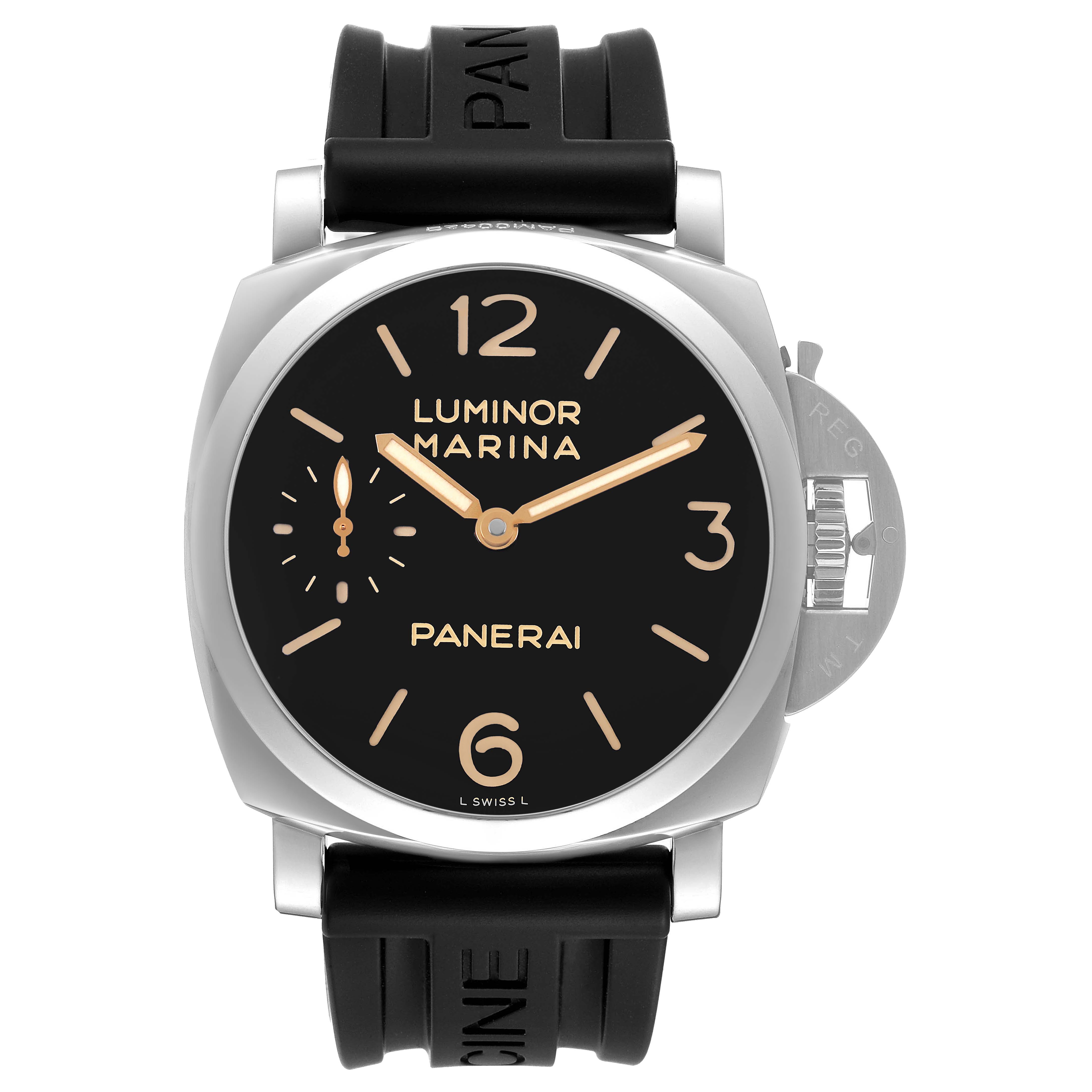 The Panerai Luminor PAM00422 Men's Stainless Steel Black Dial model is shown from a front view, highlighting the dial, numerals, rubber strap, and crown guard.
