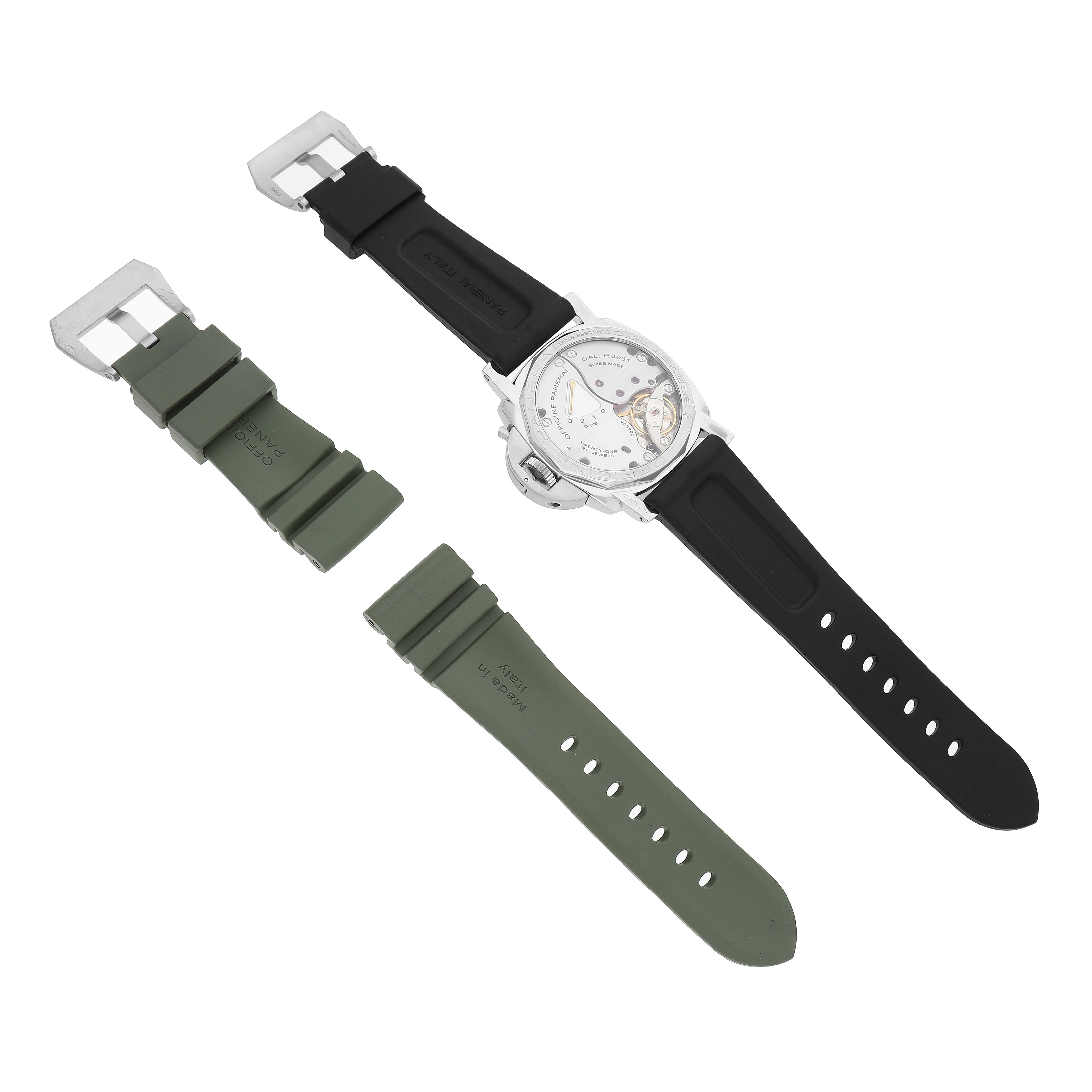 The image shows a Panerai Luminor PAM00422 Men's Stainless Steel Black Dial watch with a black strap, an additional green strap, and the back case visible.