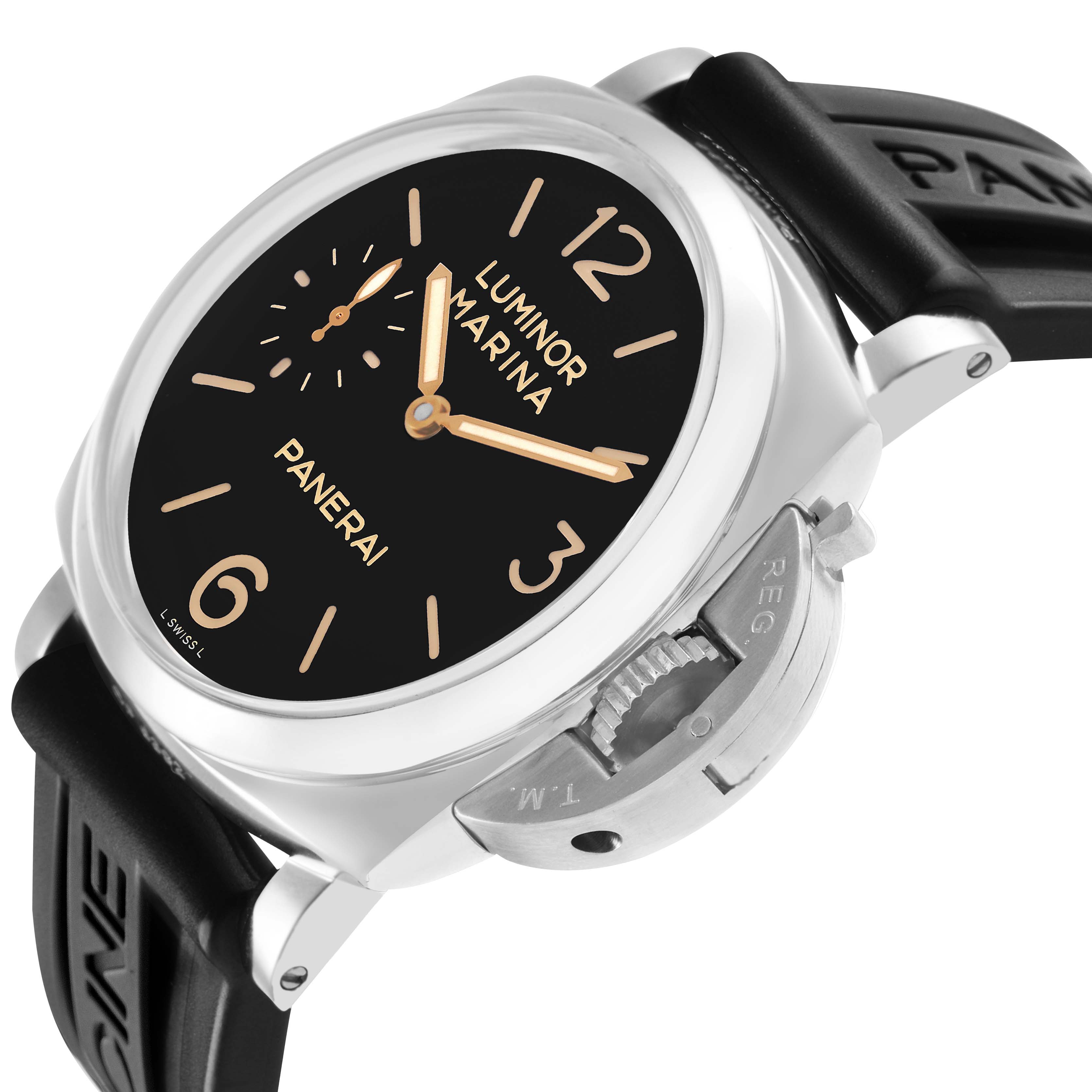 The Panerai Luminor PAM00422 Men's Stainless Steel Black Dial watch is shown at a three-quarter angle, highlighting the dial and crown guard.