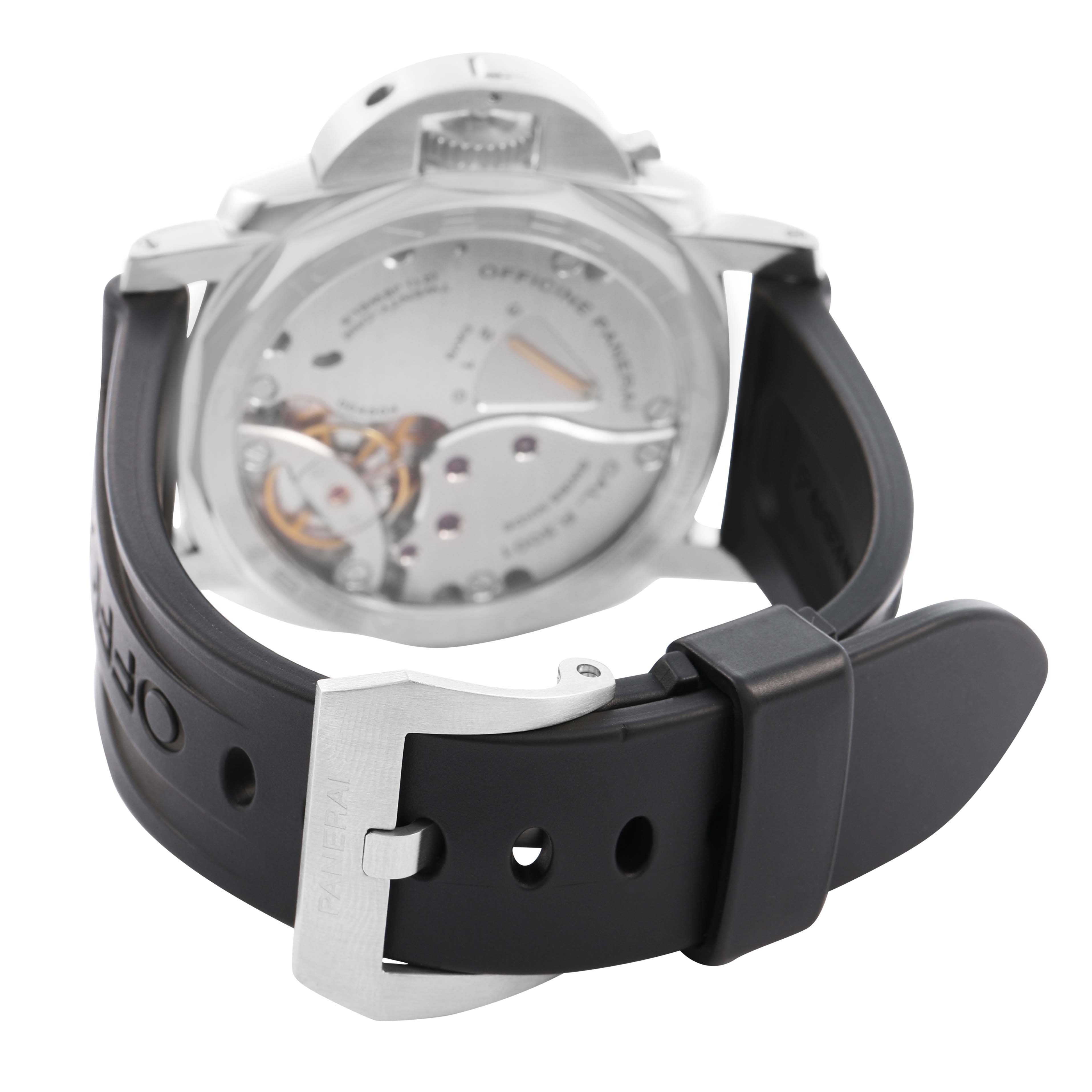The image shows the back view of a Panerai Luminor PAM00422 Men's Stainless Steel Black Dial watch, highlighting the movement and black strap with buckle.
