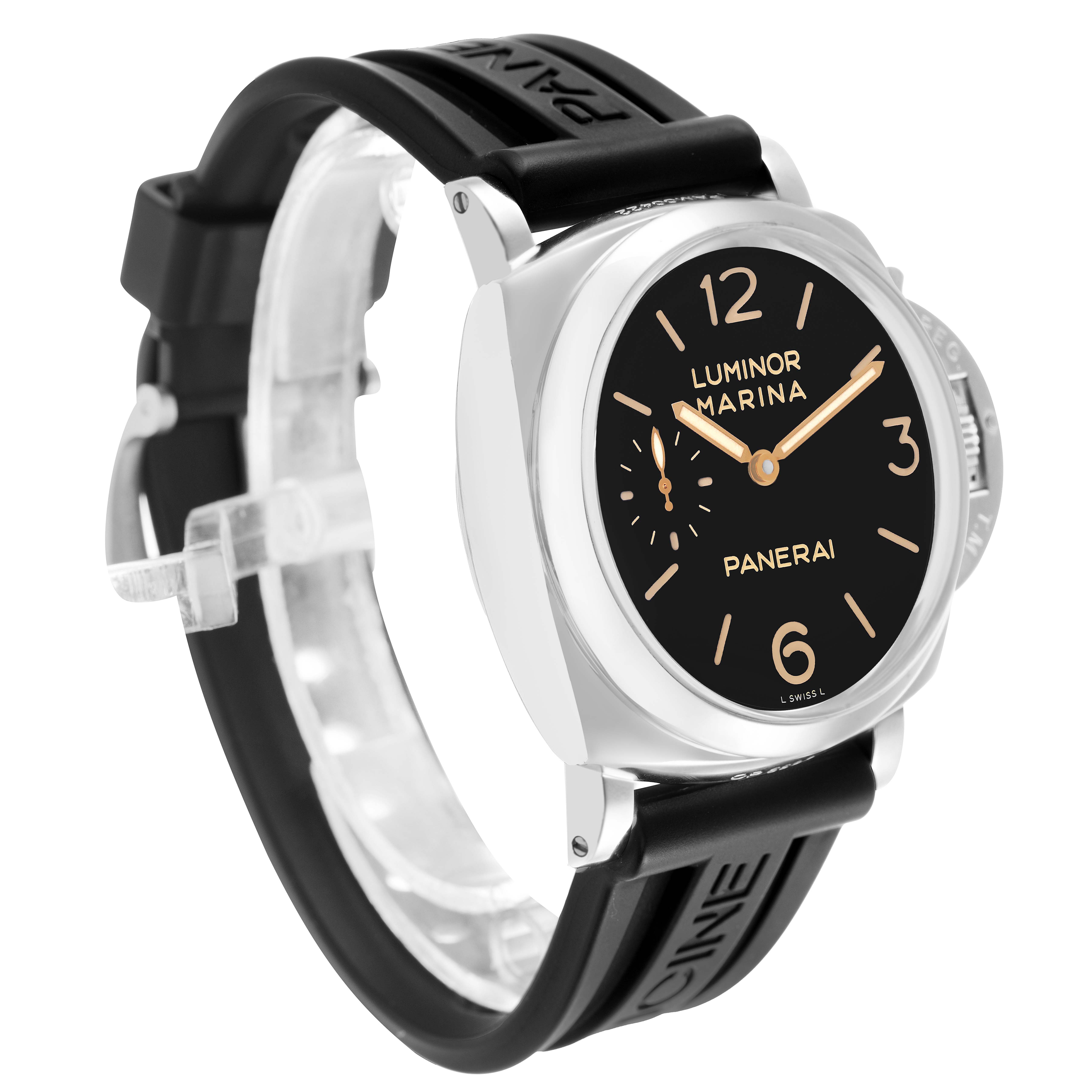 The Panerai Luminor PAM00422 Men's Stainless Steel Black Dial watch is shown at a side angle, displaying the dial, case, crown guard, and black strap.
