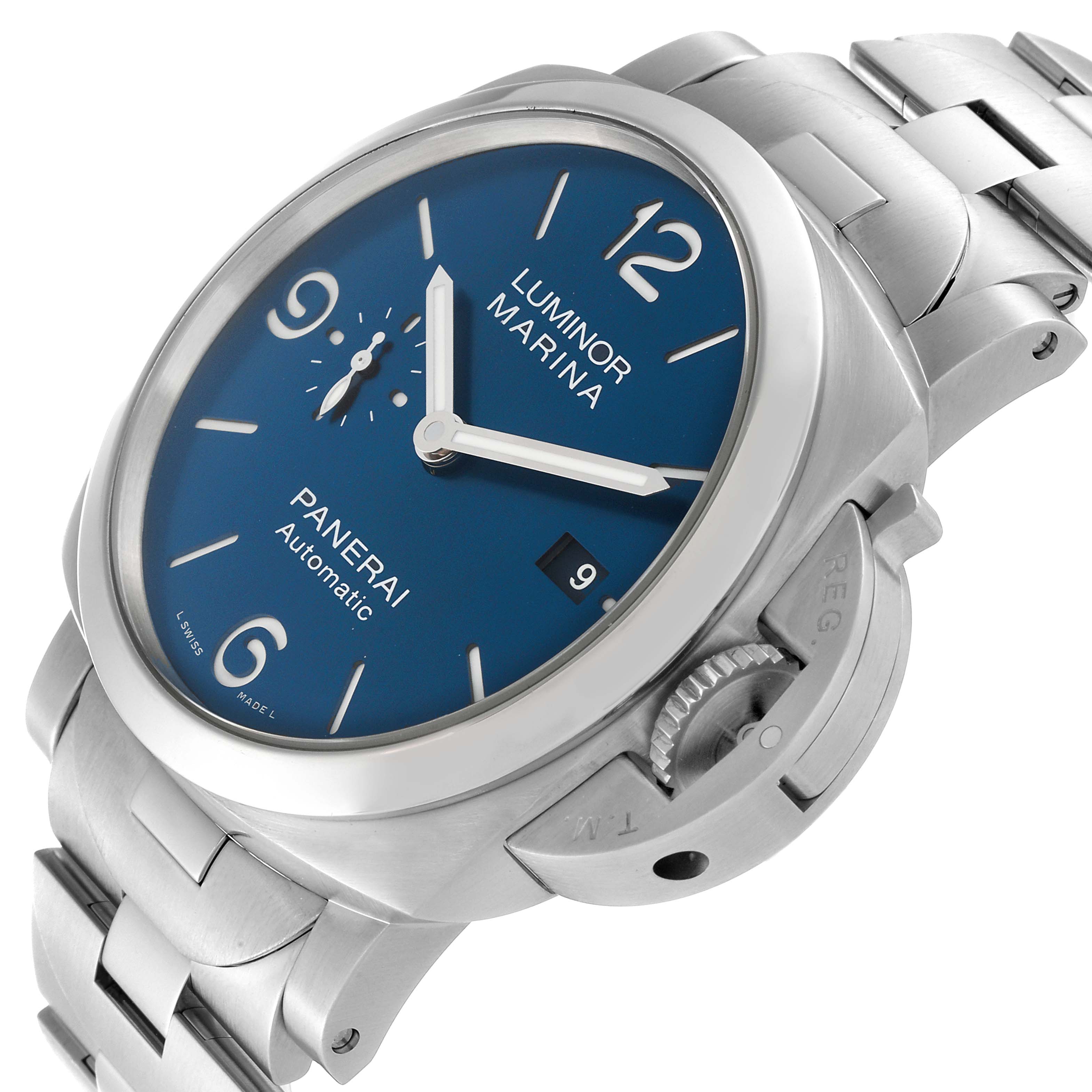 This image shows a Panerai Luminor PAM01316 Men's Stainless Steel Blue Dial PAM01316 Men's Stainless Steel Blue Dial Marina watch at an angle highlighting its blue dial, crown guard, and metal bracelet.