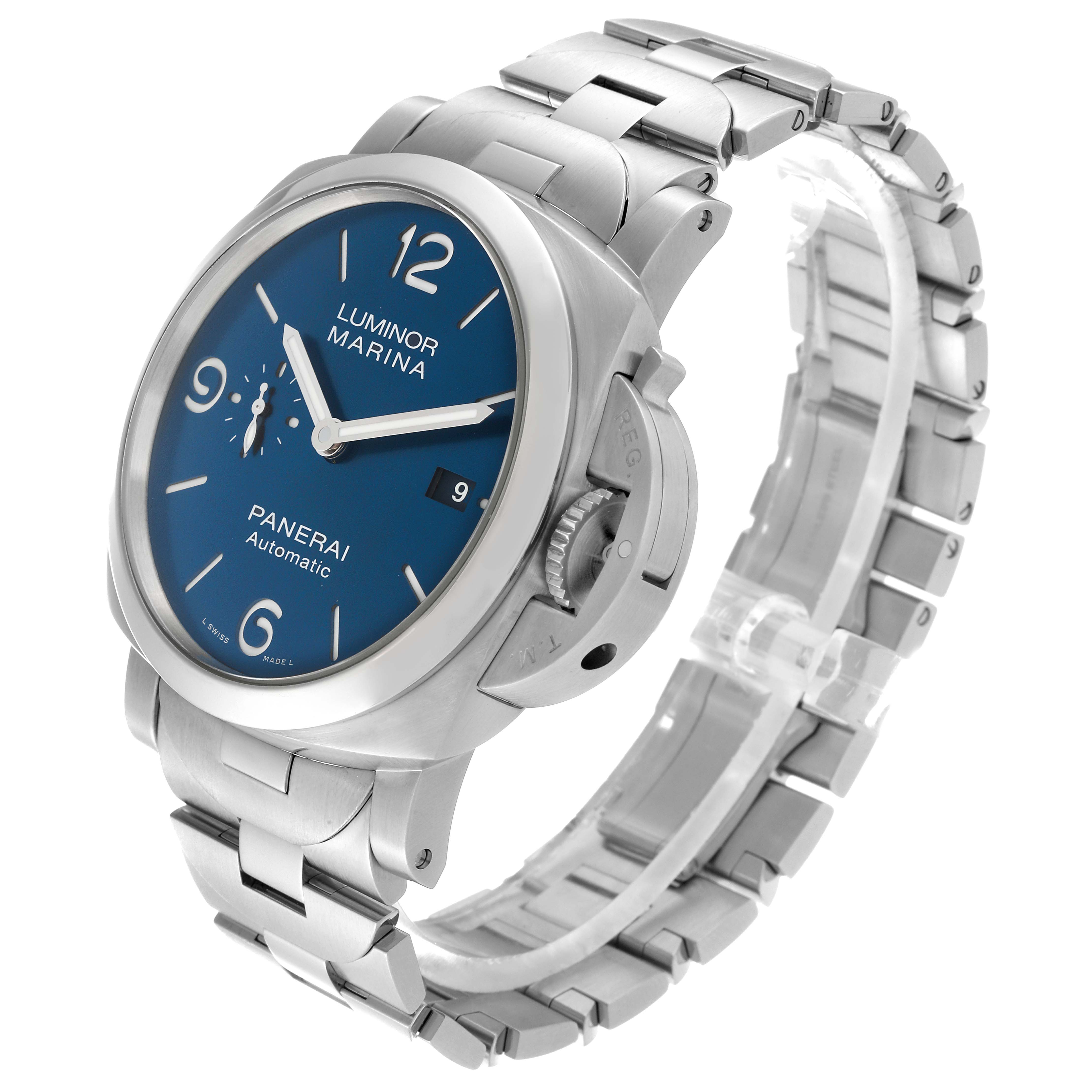 The image shows a Panerai Luminor PAM01316 Men's Stainless Steel Blue Dial PAM01316 Men's Stainless Steel Blue Dial Marina watch at a three-quarter angle, highlighting the blue dial, crown guard, and metal bracelet.