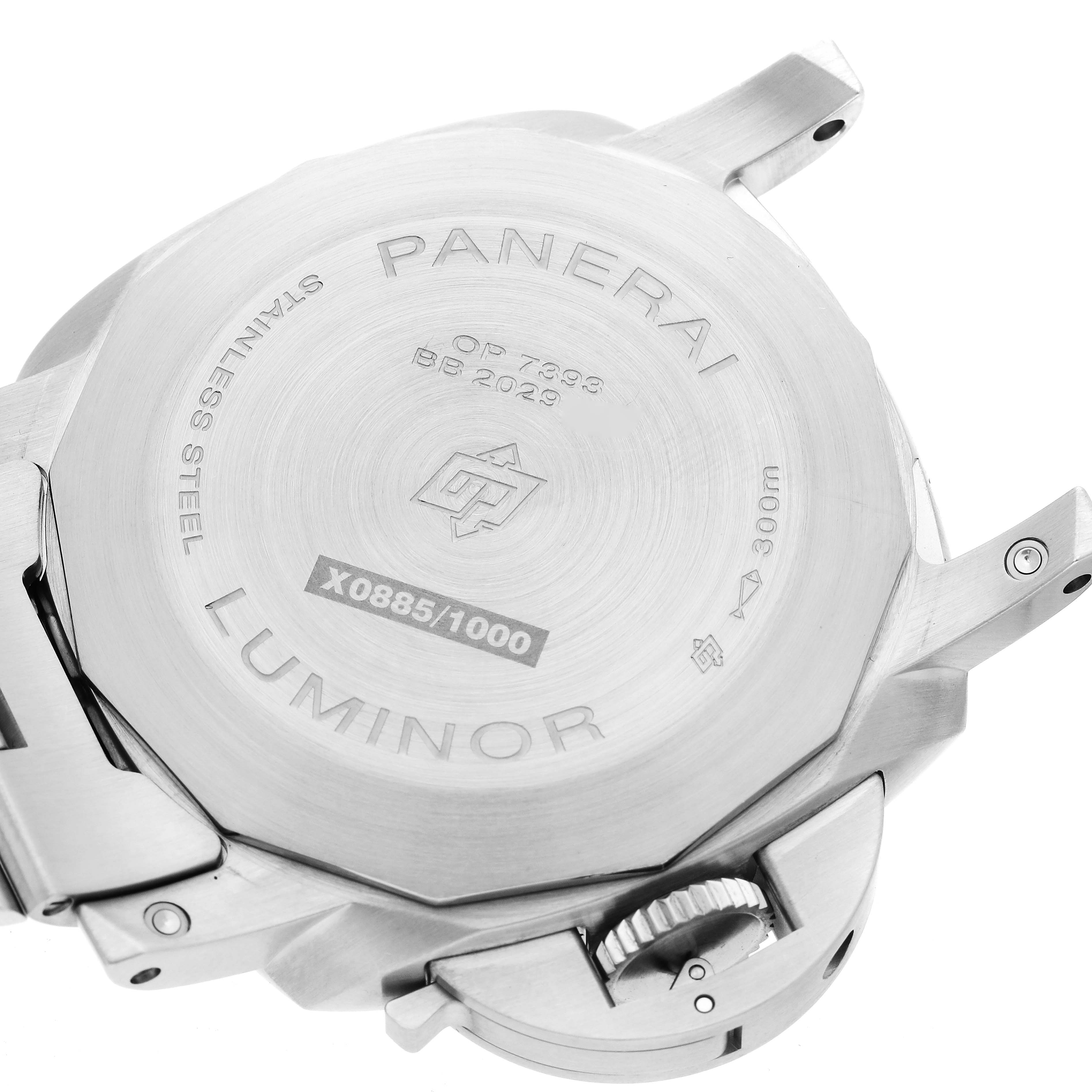 The image shows the case back and crown guard of a Panerai Luminor PAM01316 Men's Stainless Steel Blue Dial PAM01316 Men's Stainless Steel Blue Dial watch from a rear angle.