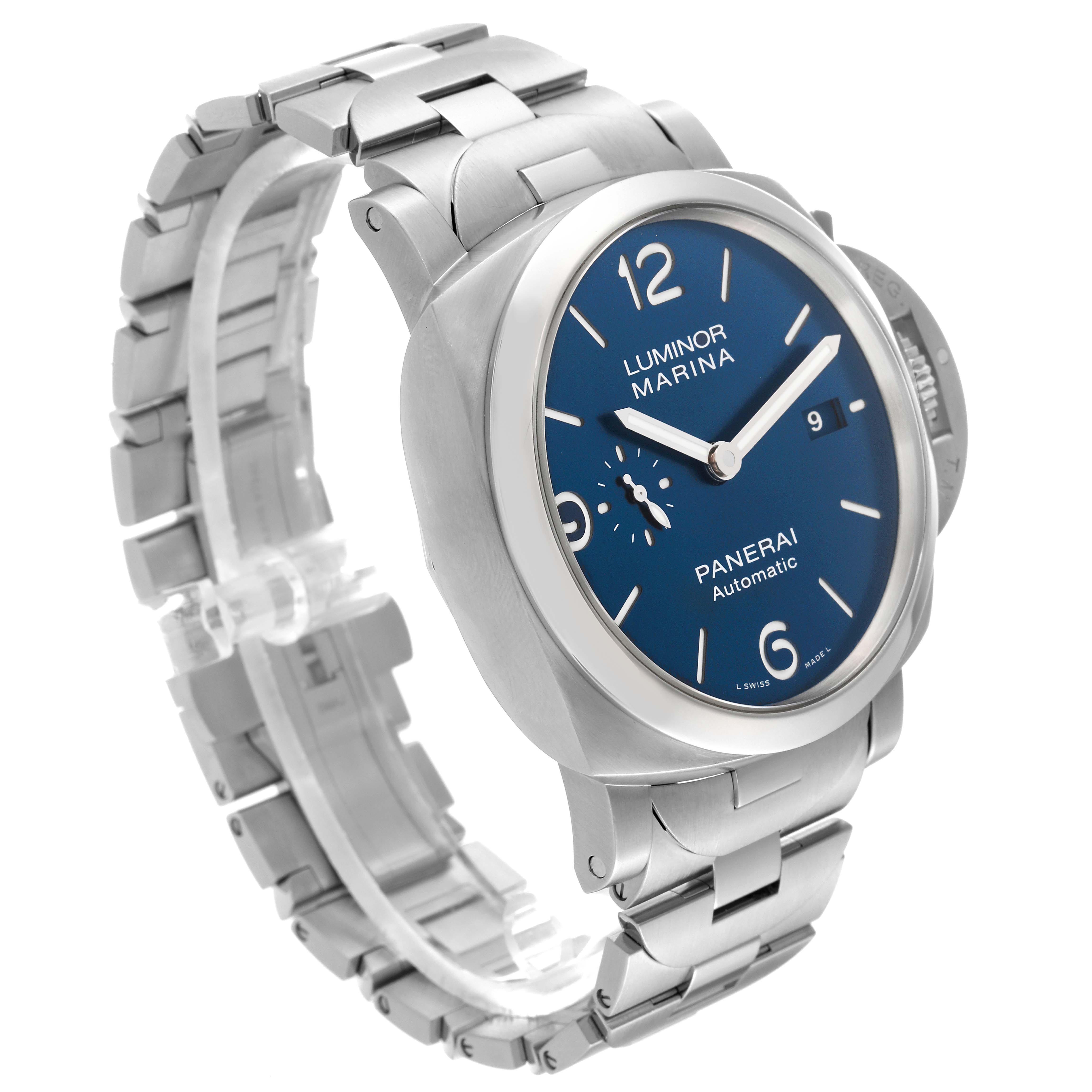 The image shows a Panerai Luminor PAM01316 Men's Stainless Steel Blue Dial PAM01316 Men's Stainless Steel Blue Dial Marina watch at a three-quarter angle, showcasing its blue dial, stainless steel case, and bracelet.