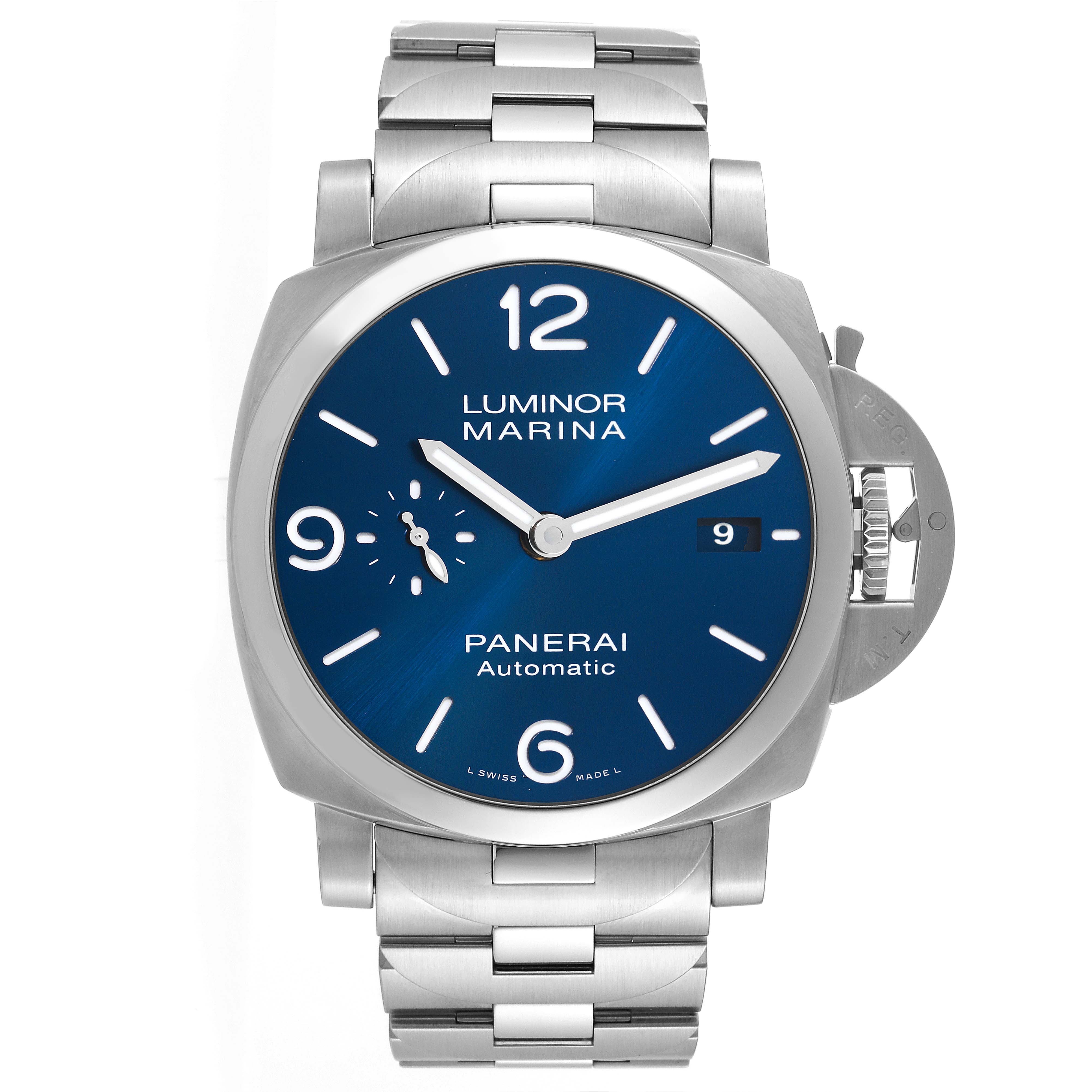 The image shows a front view of a Panerai Luminor PAM01316 Men's Stainless Steel Blue Dial PAM01316 Men's Stainless Steel Blue Dial Marina watch with a blue dial and a silver metal bracelet.