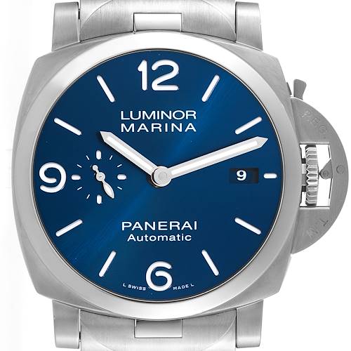 The image shows a front view of the Panerai Luminor Marina watch, highlighting the blue dial, date window, and crown guard.