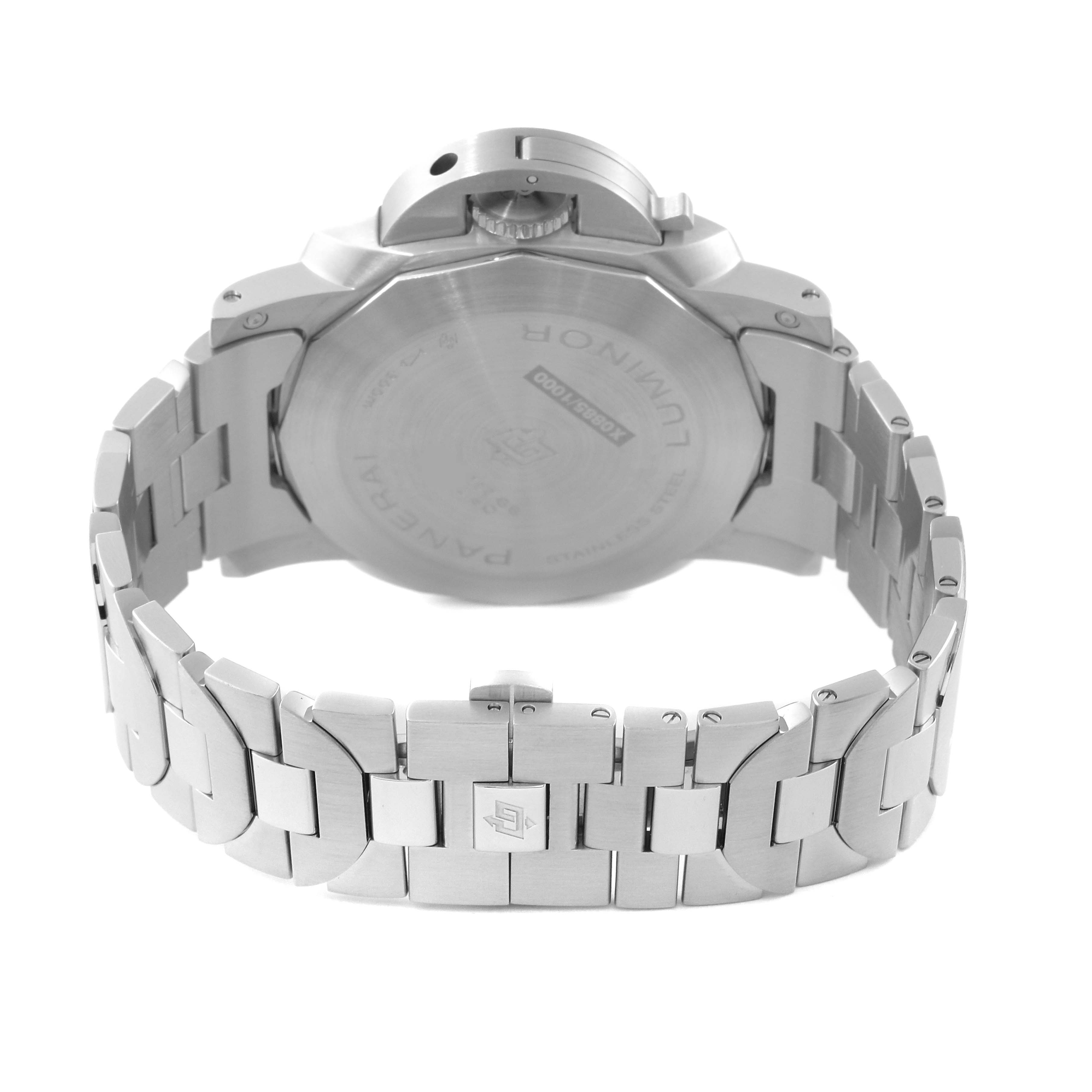 The image shows the back view of a Panerai Luminor PAM01316 Men's Stainless Steel Blue Dial PAM01316 Men's Stainless Steel Blue Dial watch featuring the case back and metal bracelet.