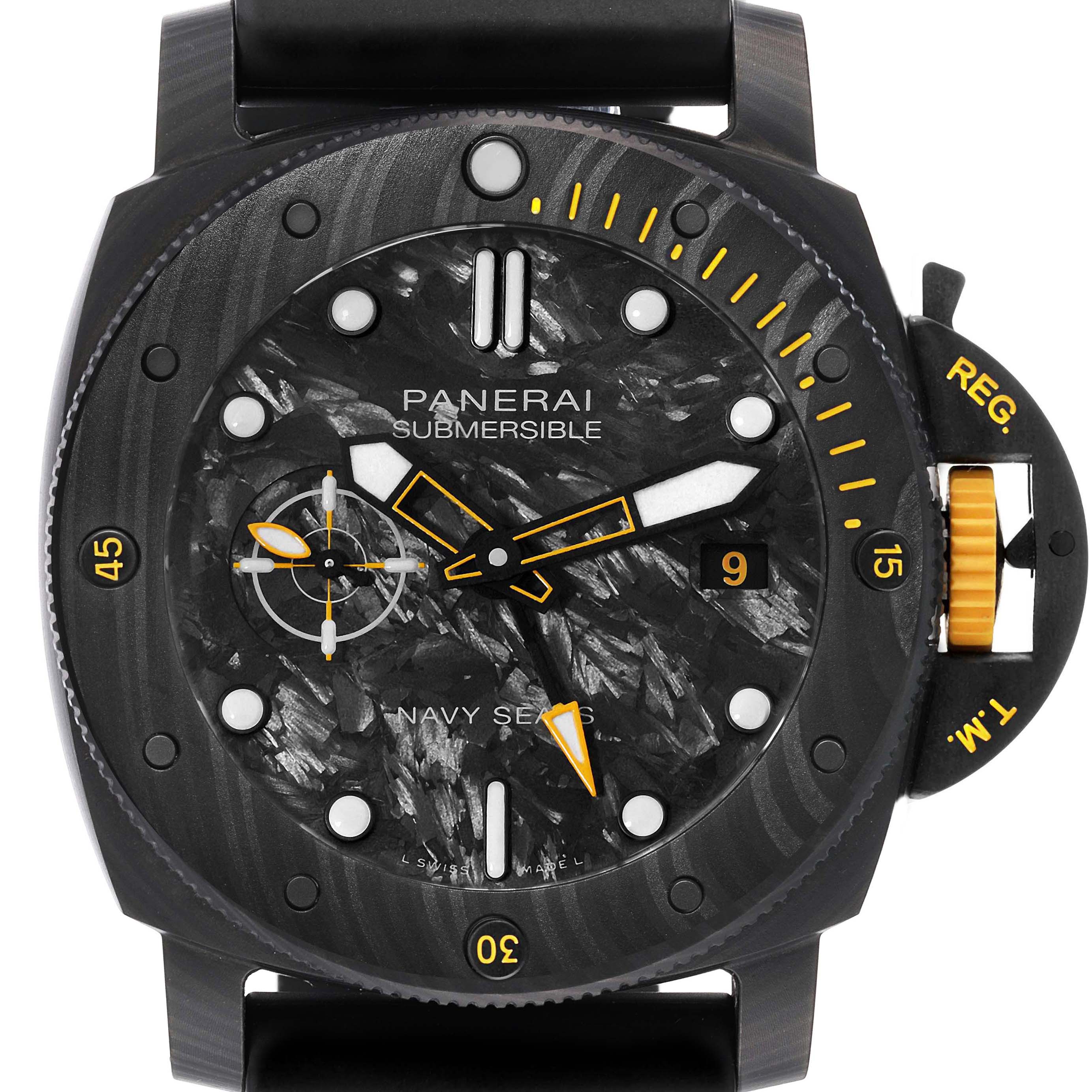 The image shows a close-up frontal view of a Panerai Submersible PAM01324 Men's Ceramic Grey Dial PAM01324 Men's Ceramic Grey Dial watch, highlighting its dial, hands, bezel, and crown guard.