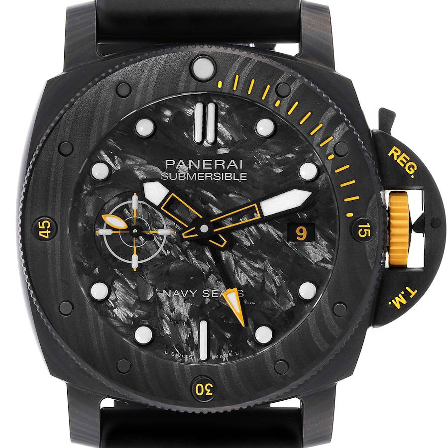 The image shows a close-up frontal view of a Panerai Submersible watch, highlighting its dial, hands, bezel, and crown guard.