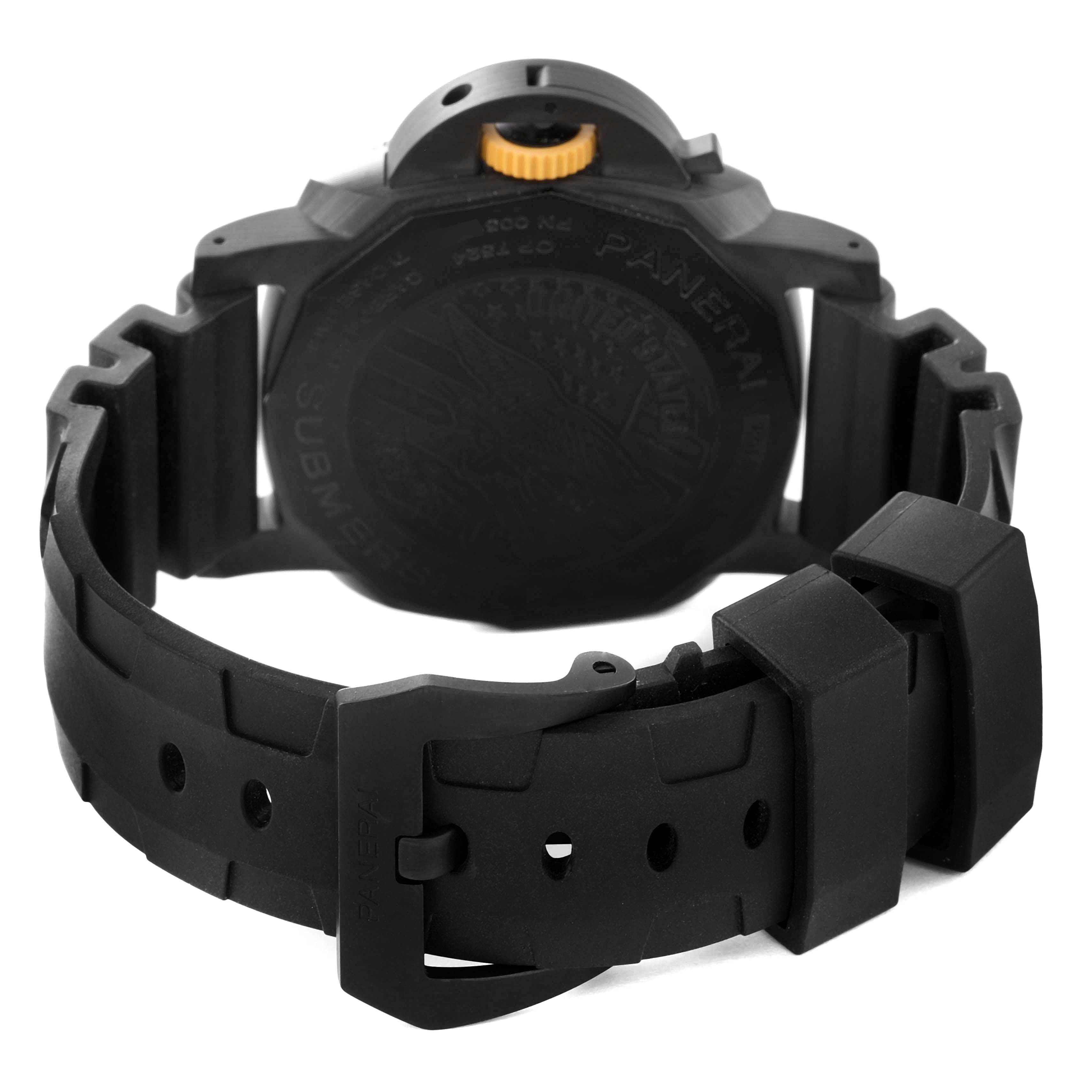 The image shows the back of a Panerai Submersible PAM01324 Men's Ceramic Grey Dial PAM01324 Men's Ceramic Grey Dial watch, highlighting its black rubber strap and the caseback.