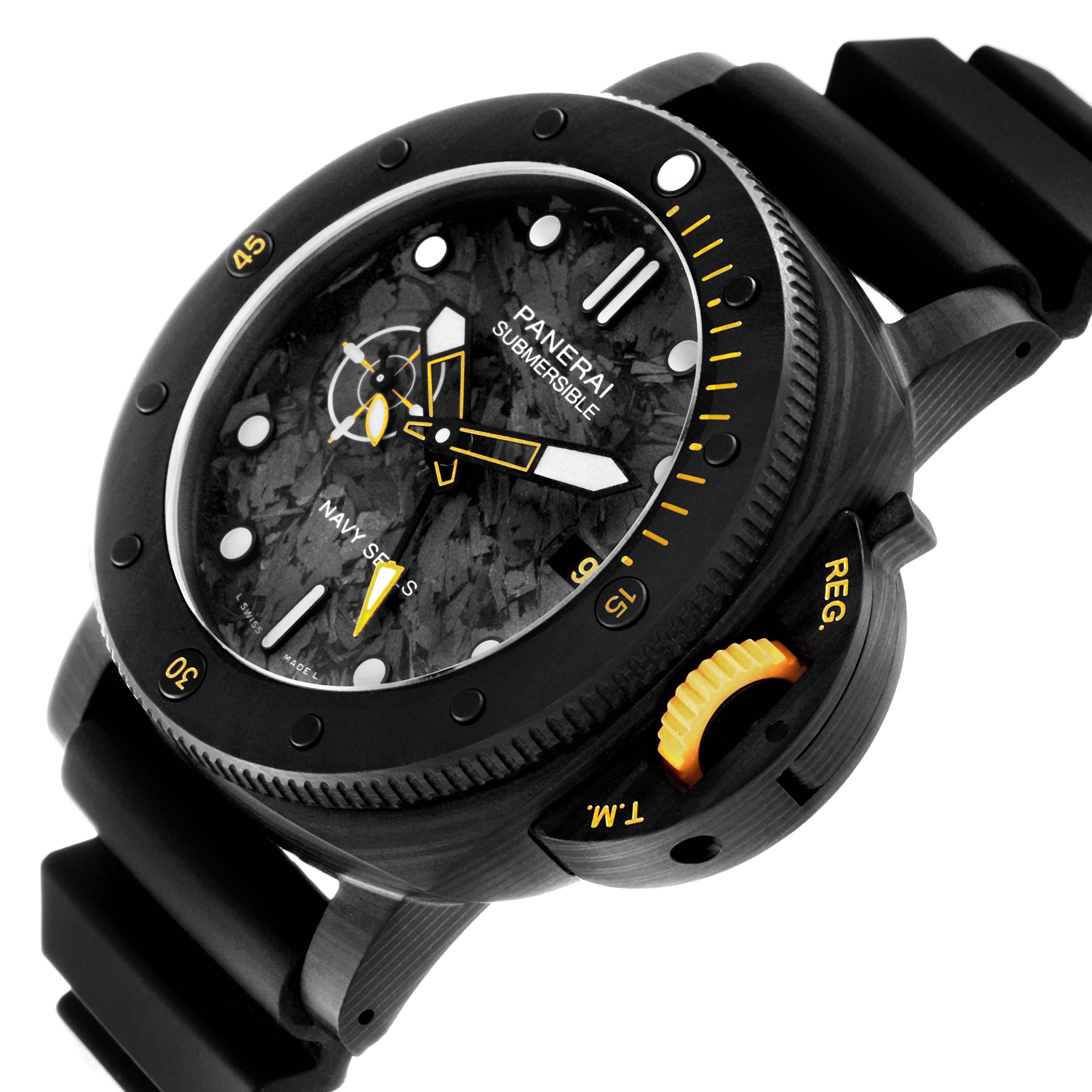 This image shows a Panerai Submersible PAM01324 Men's Ceramic Grey Dial PAM01324 Men's Ceramic Grey Dial watch at an angled close-up, revealing the dial, bezel, and part of the strap.