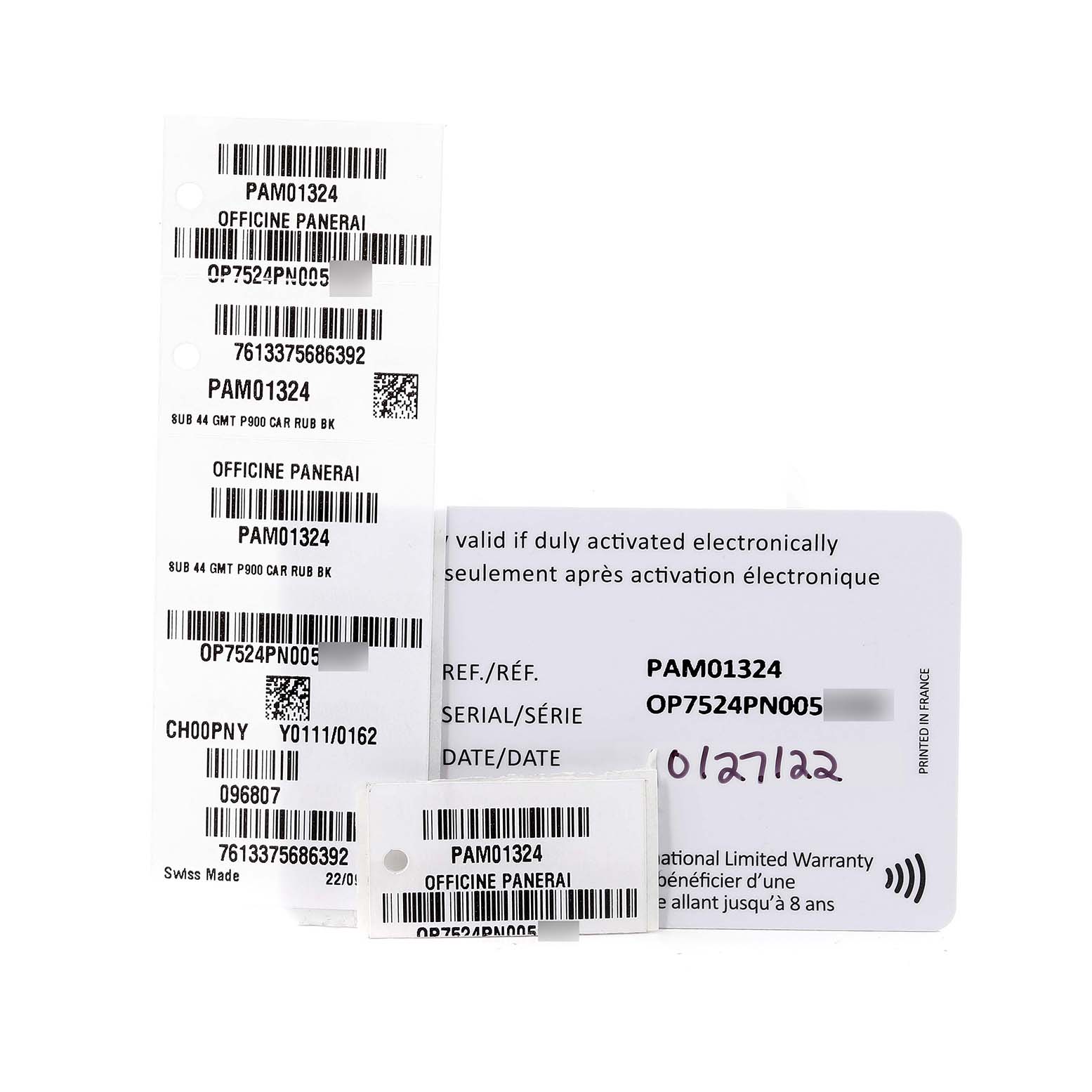 This image displays various labels and warranty cards for the Panerai Submersible PAM01324 Men's Ceramic Grey Dial PAM01324 Men's Ceramic Grey Dial model PAM01324.