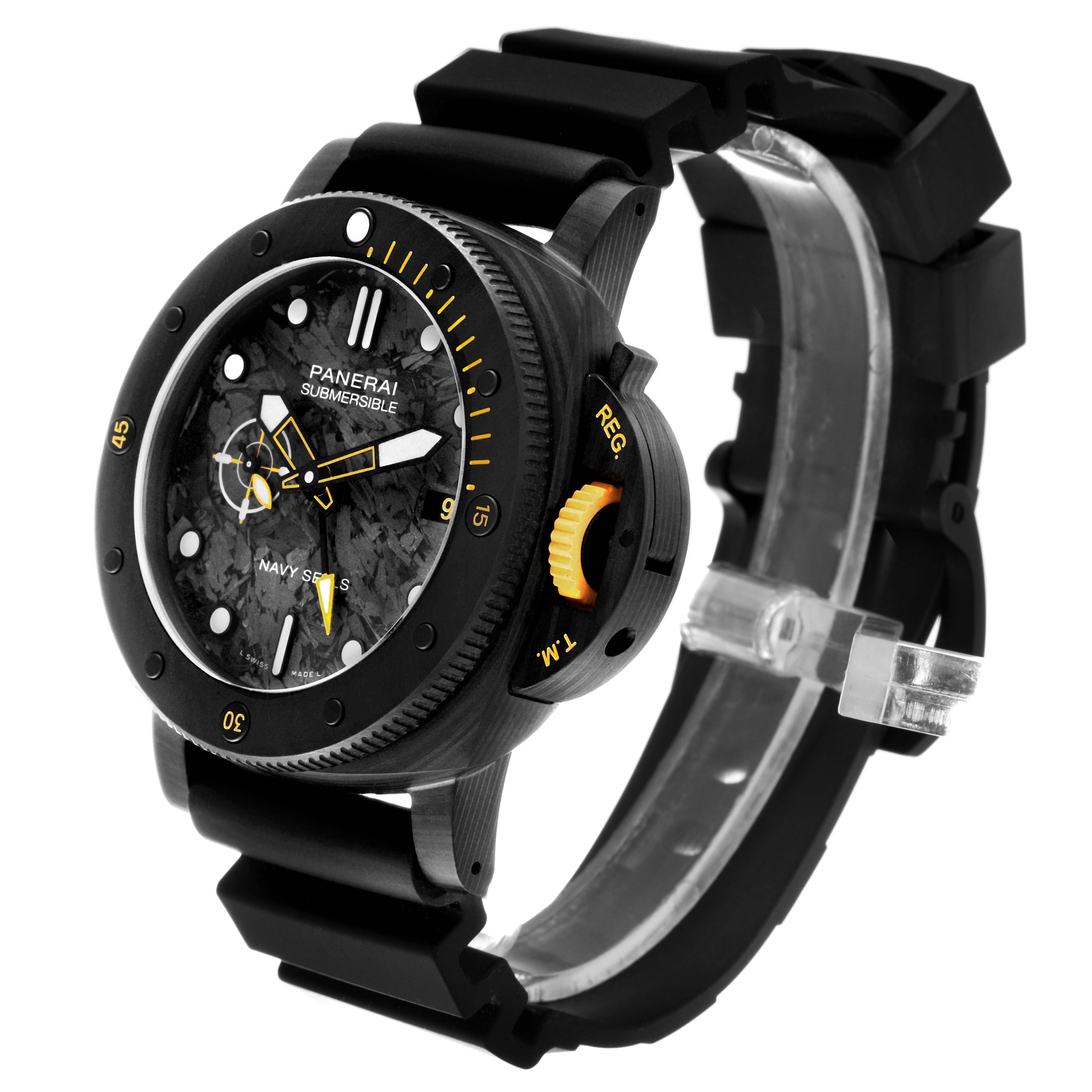 The image shows a side and front angle of the Panerai Submersible PAM01324 Men's Ceramic Grey Dial PAM01324 Men's Ceramic Grey Dial watch, highlighting its face, bezel, and strap.