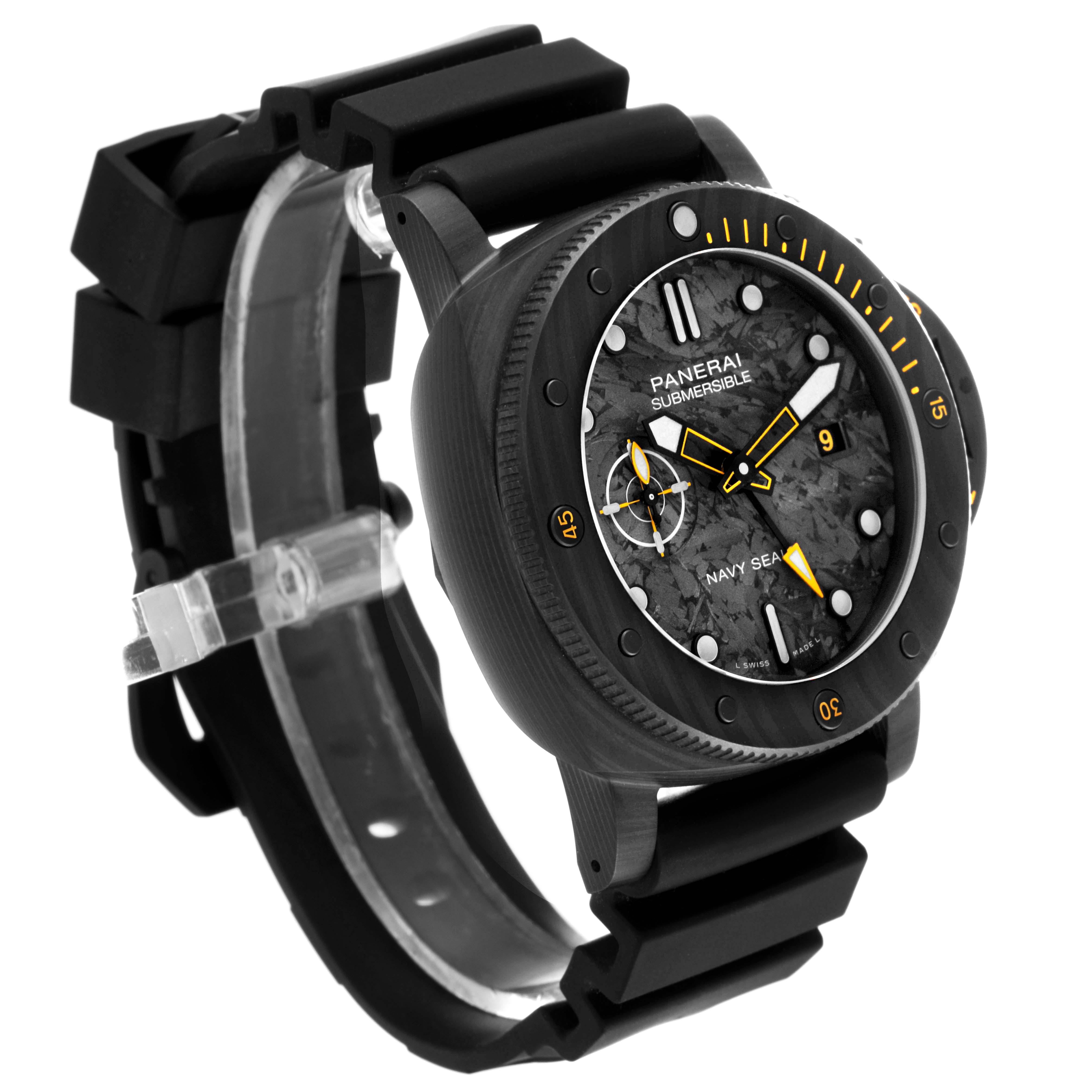 The Panerai Submersible PAM01324 Men's Ceramic Grey Dial PAM01324 Men's Ceramic Grey Dial watch is shown from a front-left angle, highlighting its bezel, face, and rubber strap.
